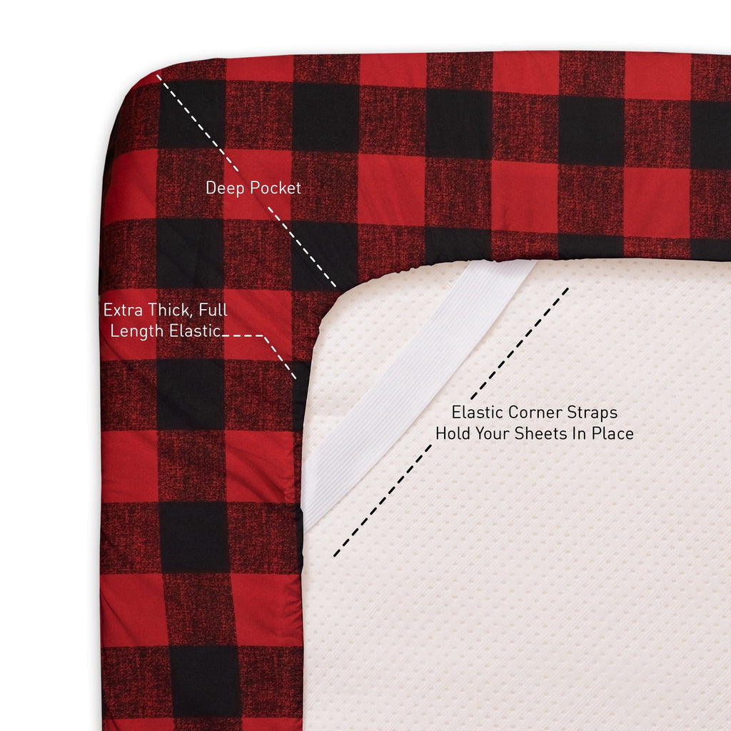 Breathable Luxury Buffalo Plaid Black and Red 4 Piece Bed Sheet Set - Twin - Breathable Egyptian Cotton Flat & Fitted Sheets Detail