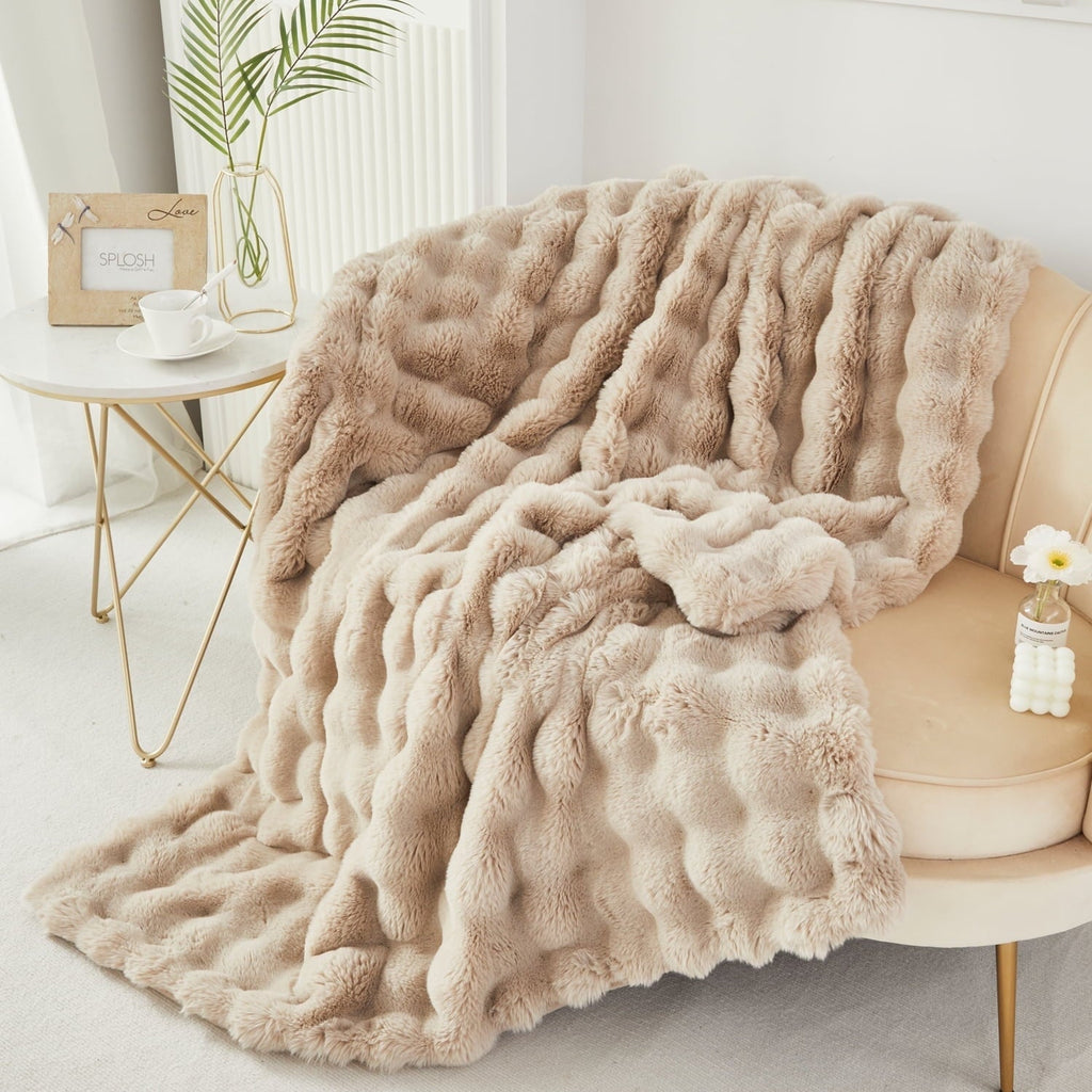 Super Soft Flannel Taupe Faux Fur Bubble Blankets for Couch Chair Sofa Luxury Fluffy Thick Bubble Throw Blanket Furry Blanket Fuzzy Soft... - Cozy Fleece Throw Blanket for Couch & Bed Detail