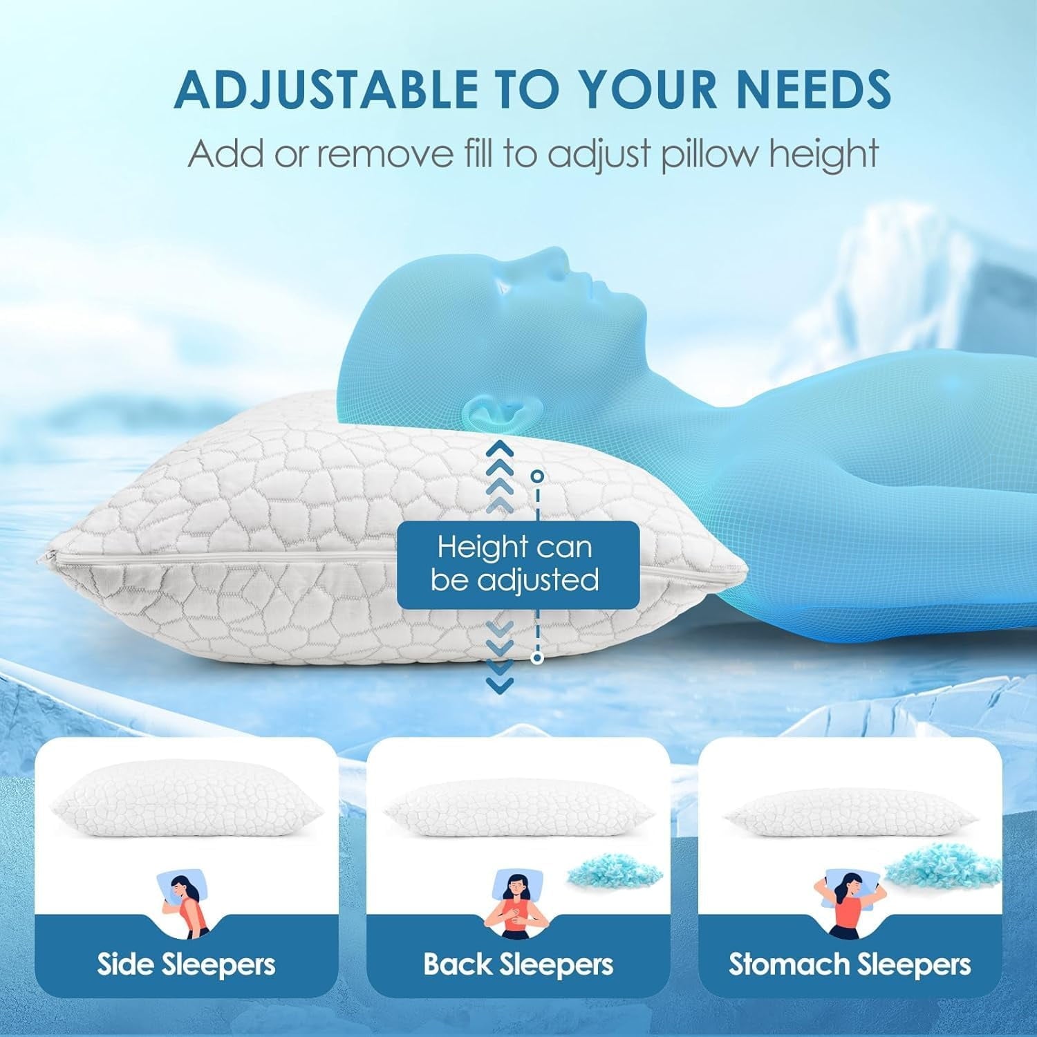 Decorative Plump Cooling Bed Pillows Queen Size Set of 2, Shredded Memory Foam Pillows for Sleeping 2 Pack, Adjustable Soft Firm Pillo... - Decorative Throw Pillow Cushion for Sofa & Bed Detail