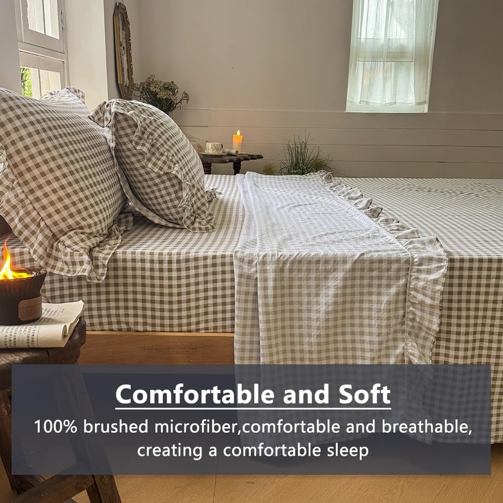 Premium Egyptian Cotton Tan Gingham Ruffle Queen Sheet Set, Taupe Soft Pre-Washed Microfiber Plaid Ruffled Queen Bed Sheets, 4-Pieces Farmhou... - Premium Ultra-Soft Pillowcase Pair for Sleeping Detail