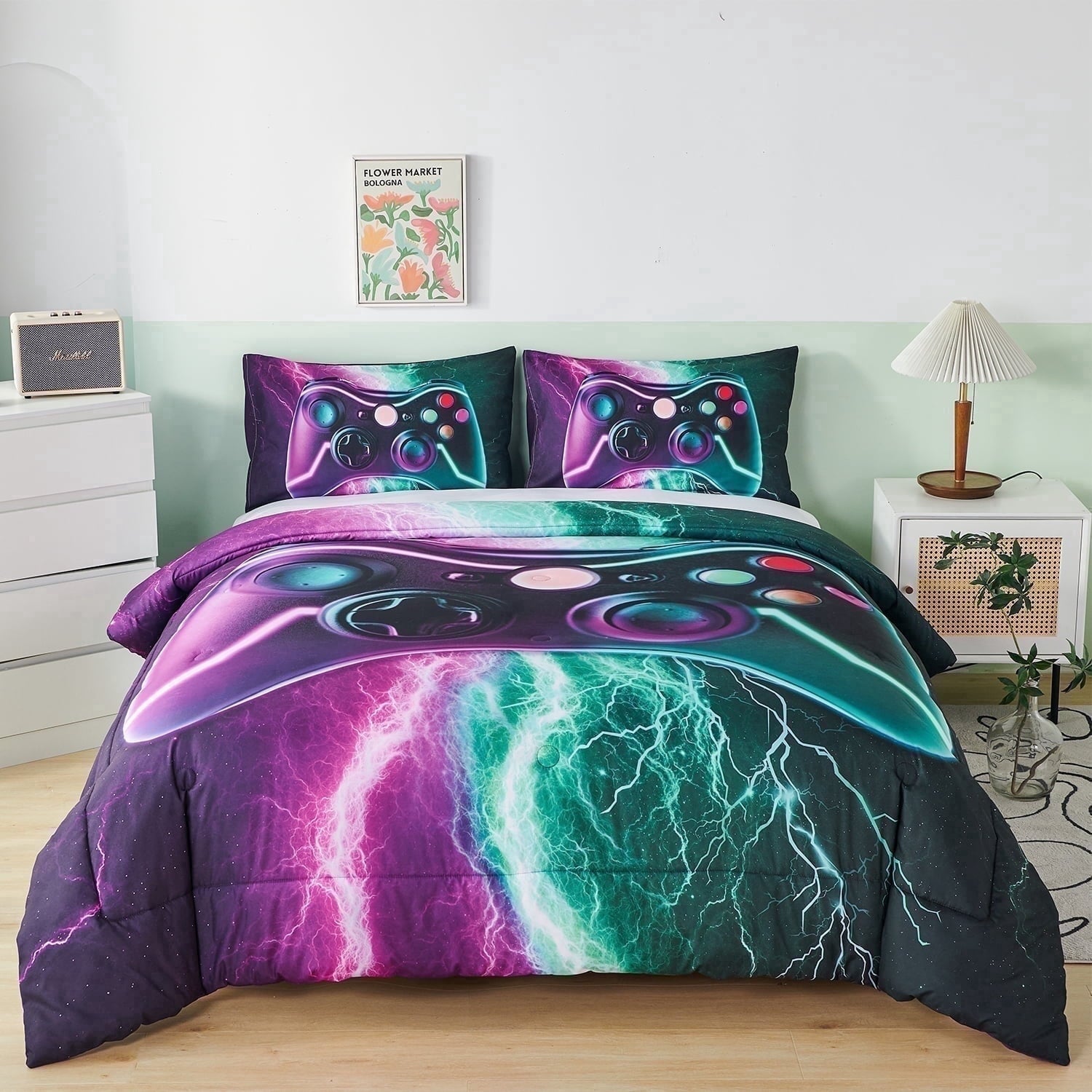 Fluffy Down Alternative Queen Size Gaming Comforter Set for Boys,3-Piece 3D Green Purple Lightning Game Controller Bedding Set for Kids Teens - Cloud-Like Soft Lightweight Bed Comforter Detail