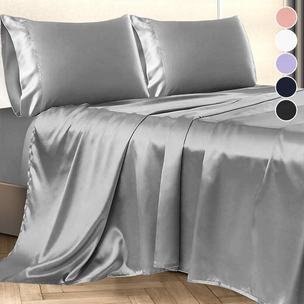Cooling Sateen Twin Silk Gray Bed Sheet Set Deep Pocket Bed Flat Fitted Sheet, 3-Pieces - Luxury Bed Sheet Set with Deep Pockets Detail