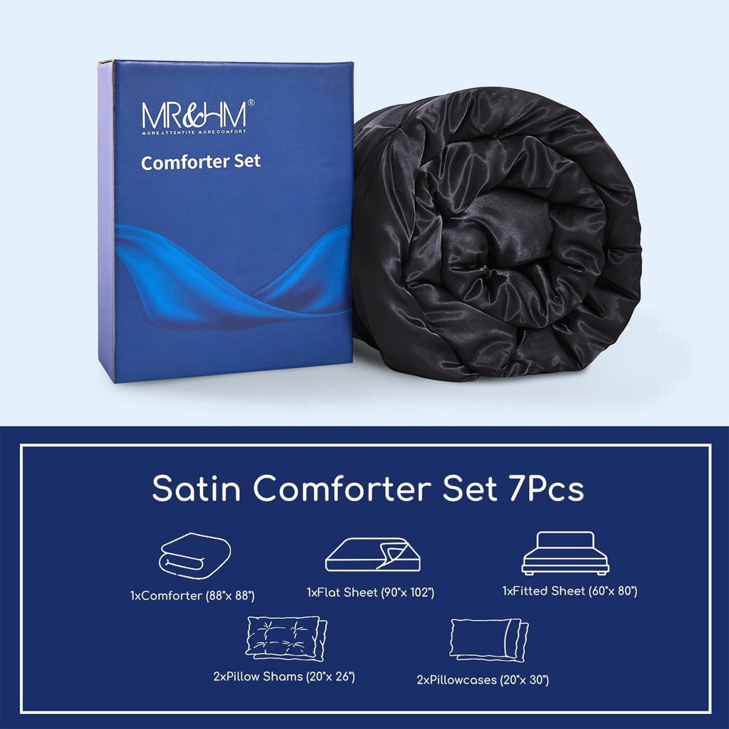 Hypoallergenic Cloud Satin Comforter Set 7 Pieces Queen Size - Luxurious Pinch Pleat Bed in a Bag with Satin Comforter, Satin Sheets, Sati... - Luxurious Quilted Duvet Cover Set Detail
