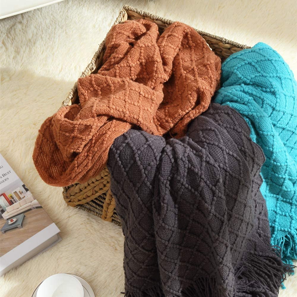 Reversible Sherpa Home Decor Rustic Couch Sofa Chair Bed Throw Blanket, Soft Warm Light Weight in Spring Summer (50''X60'' Brown) - Luxury Knitted Decorative Throw Blanket with Fringes Detail