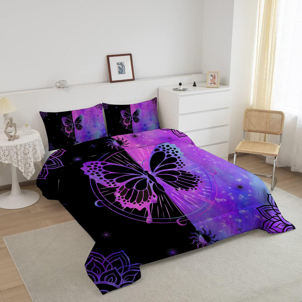 Luxurious Quilted Butterfly Comforter Set Full Size for Girls Kids Teens Black Blue Purple Tie Dye Bedding Set 3 Pieces - Hypoallergenic Ultra-Fluffy Quilt for Winter Detail