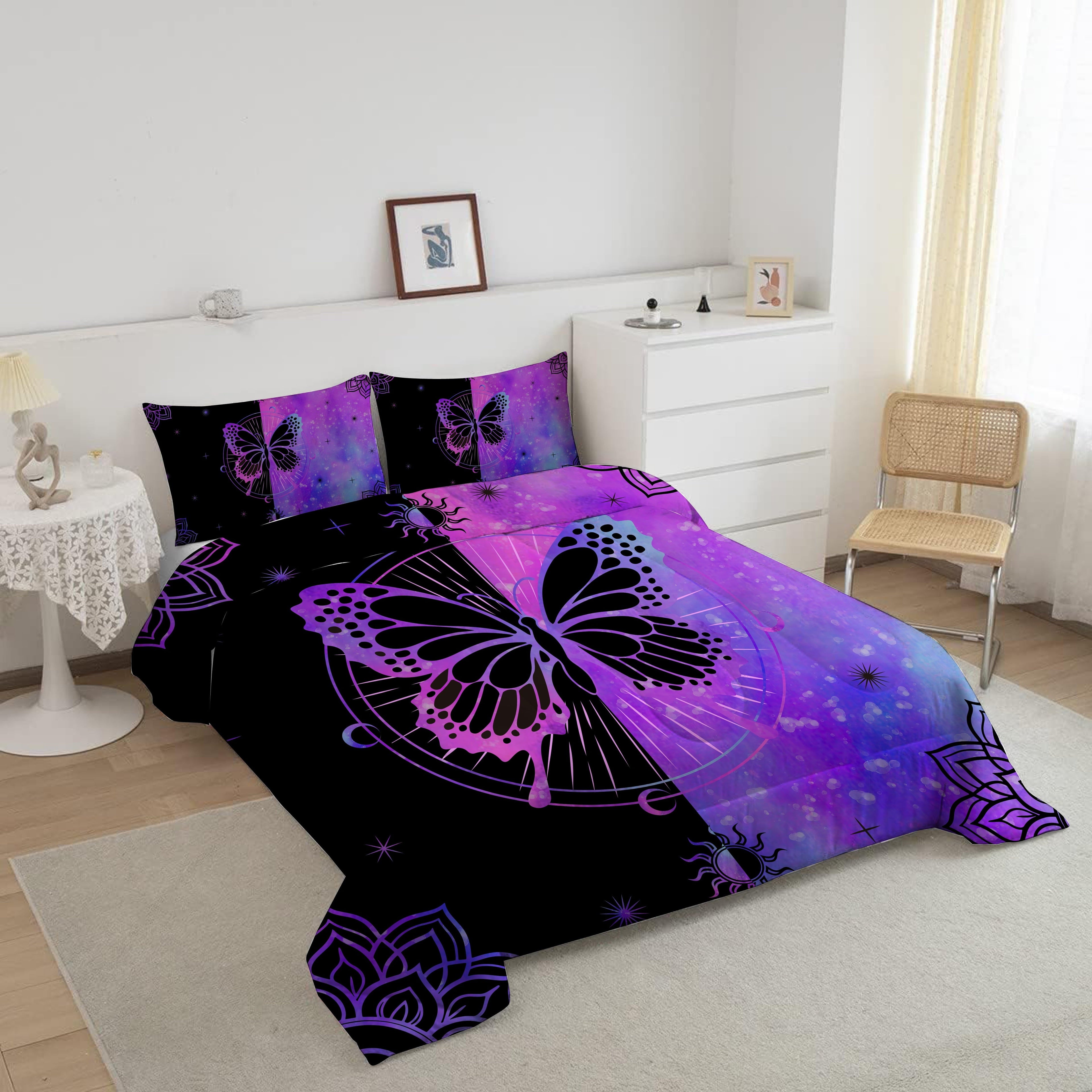 Luxurious Quilted Butterfly Comforter Set Full Size for Girls Kids Teens Black Blue Purple Tie Dye Bedding Set 3 Pieces - Hypoallergenic Ultra-Fluffy Quilt for Winter Detail