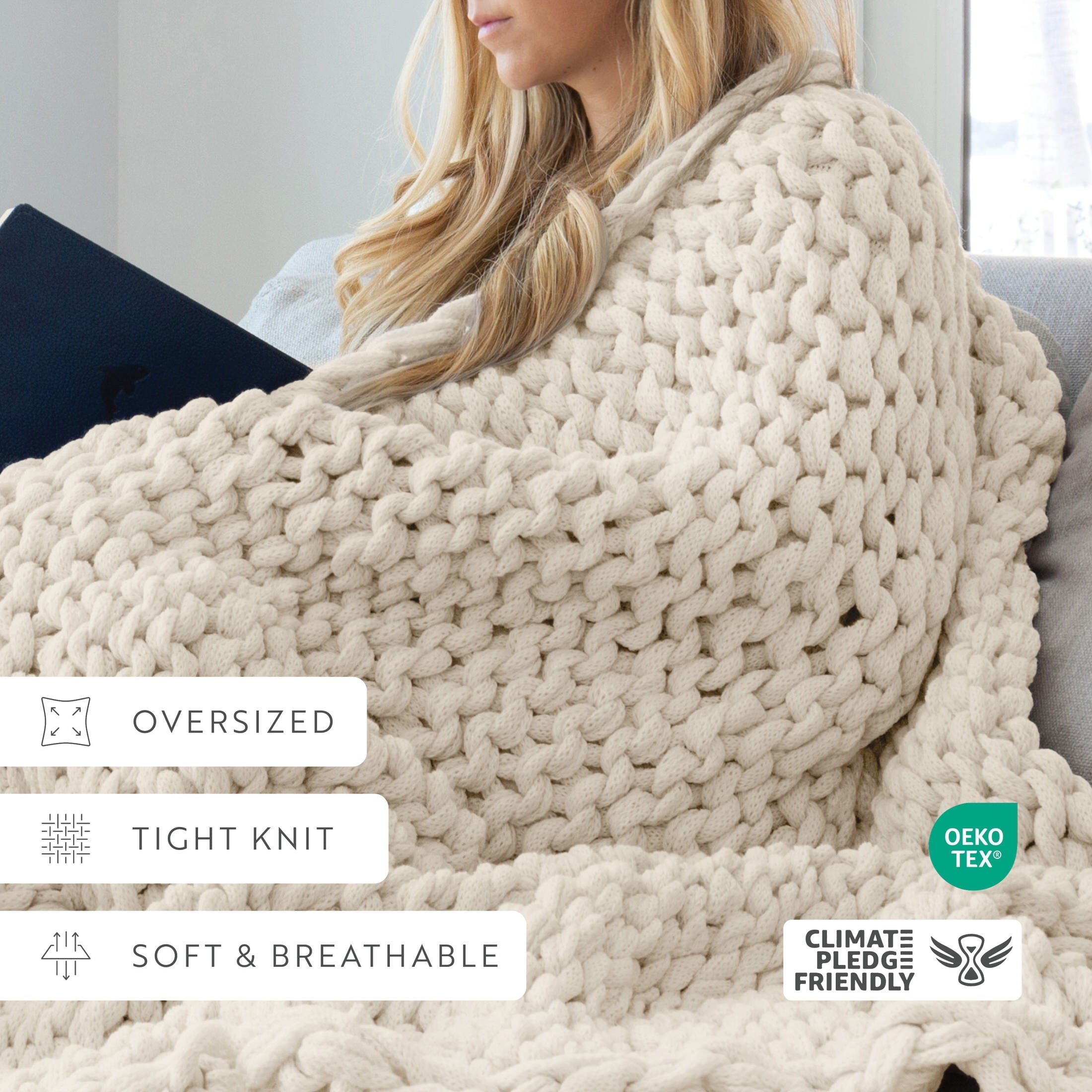 Decorative Knitted Soft & Cozy Chunky Hand-Knit Throw Blanket, Ivory - Cozy Fleece Throw Blanket for Couch & Bed Detail