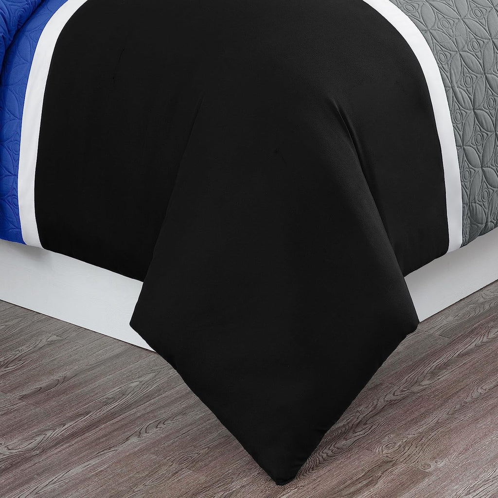 All-Season Bernard 7-Piece Full Bed in a Bag Comforter Set with Sheets, Lightweight Comforter Blue Black Gray Patchwork Quilted ... - Luxurious Quilted Duvet Cover Set Detail