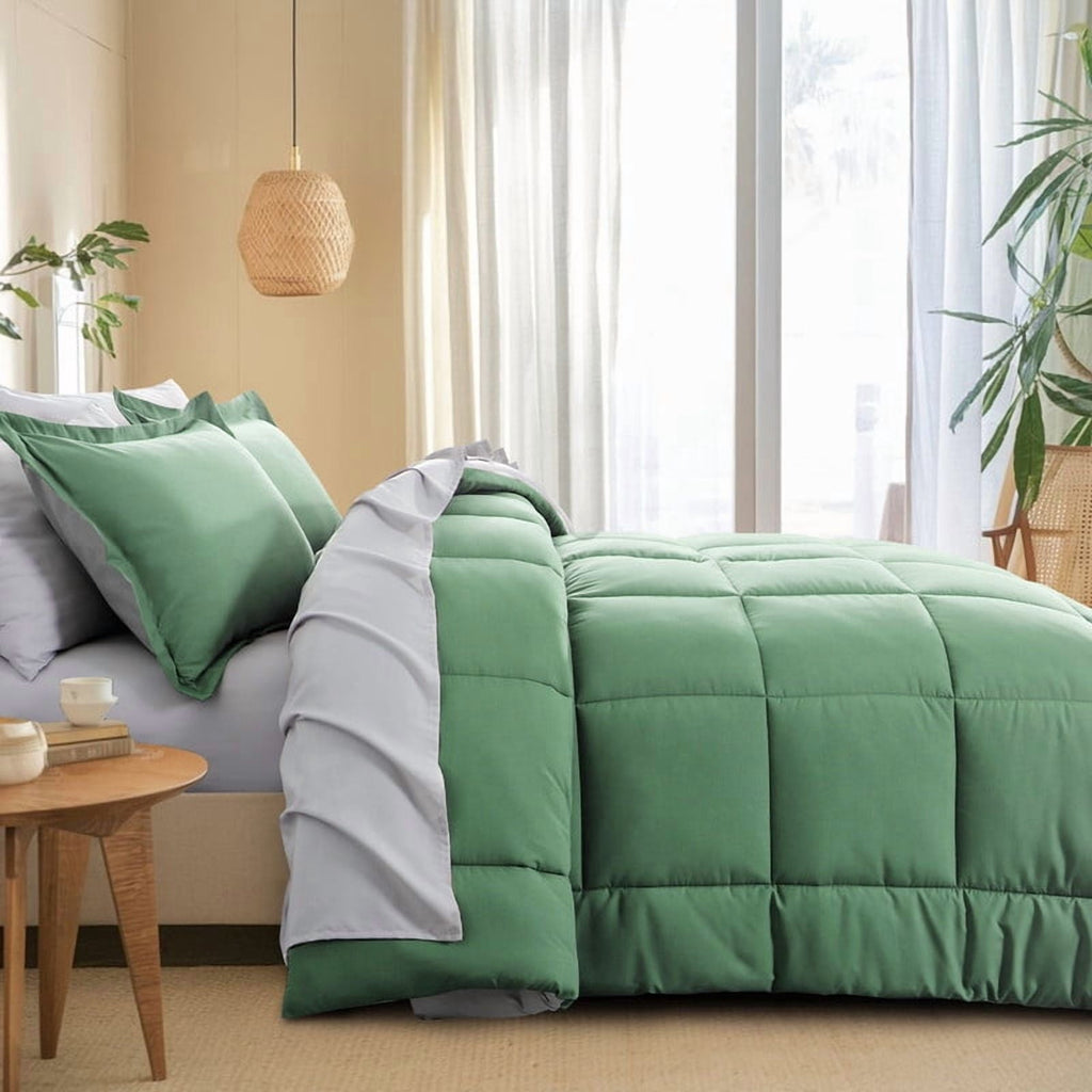 Fluffy Down Alternative Grass Green/Grey Queen Size Comforter Set,3-Pieces Reversible Comforter Set Soft and Lightweight,All Season Down Alte... - Hypoallergenic Ultra-Fluffy Quilt for Winter Detail