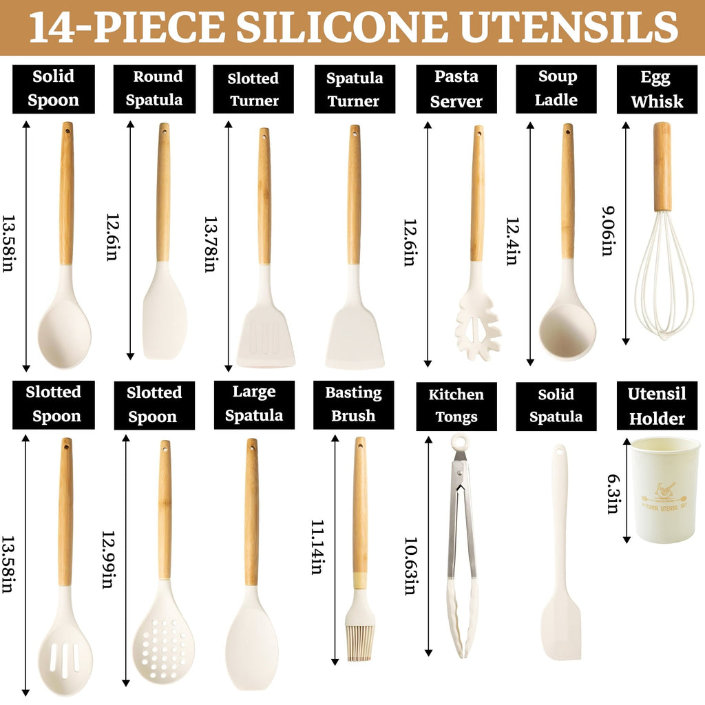 Ergonomic Cooking 14-Piece Silicone Cooking Utensils Set, Non-Stick Kitchen Utensil Set for Baking, Flipping, Mixing, White - Durable Turner & Ladle Utensil Set for Home Chefs Detail