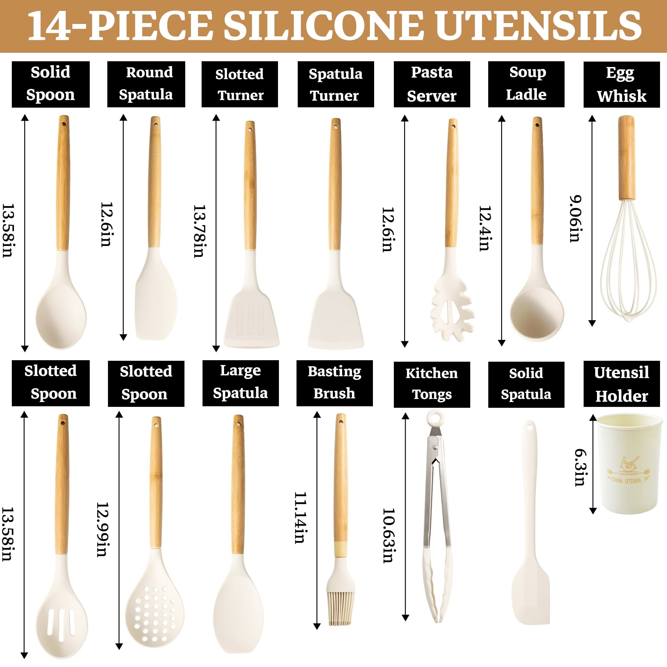 Ergonomic Cooking 14-Piece Silicone Cooking Utensils Set, Non-Stick Kitchen Utensil Set for Baking, Flipping, Mixing, White - Durable Turner & Ladle Utensil Set for Home Chefs Detail