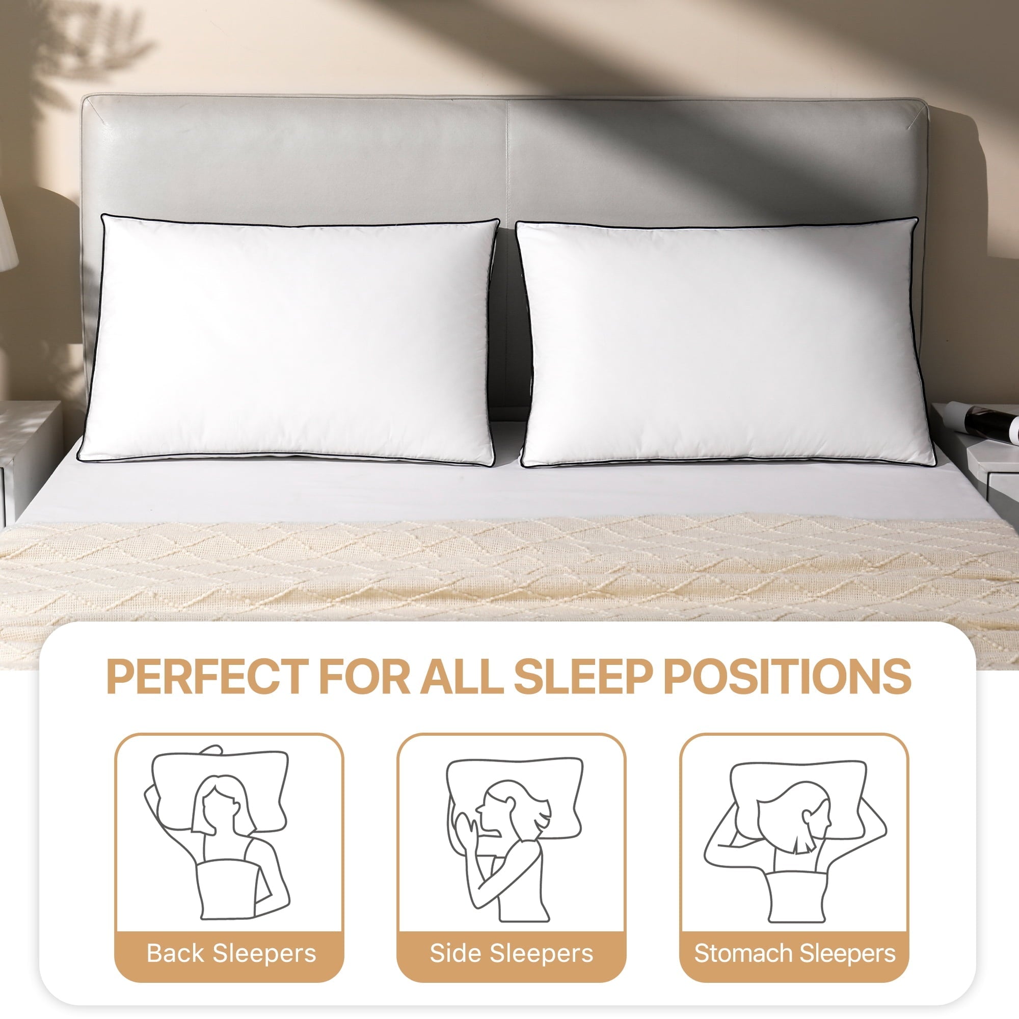 Hotel Collection Gusseted Feather Down Pillow Set of 2, Medium Firm Hotel Bed Pillows 2 Pack, Queen Size for Side Sleepers, 20 x 30 in - Orthopedic Shredded Foam Bed Pillow Set Detail