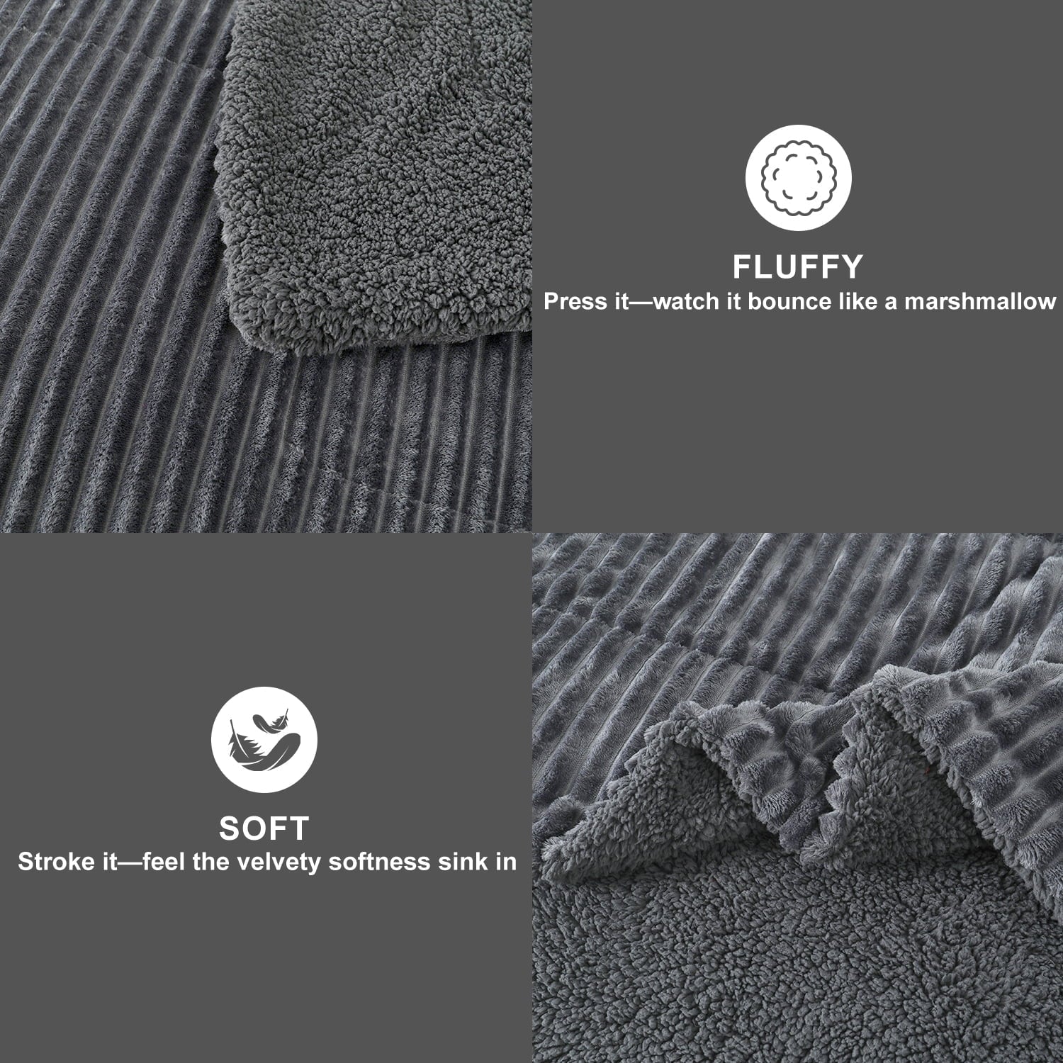 Fluffy Down Alternative 3 Piece Fleece Queen Comforter Set - Soft & Warm Fluffy Dark Gray Sherpa Bedding , Fuzzy Heavy Double Sided Design Wi... - Luxurious Quilted Duvet Cover Set Detail