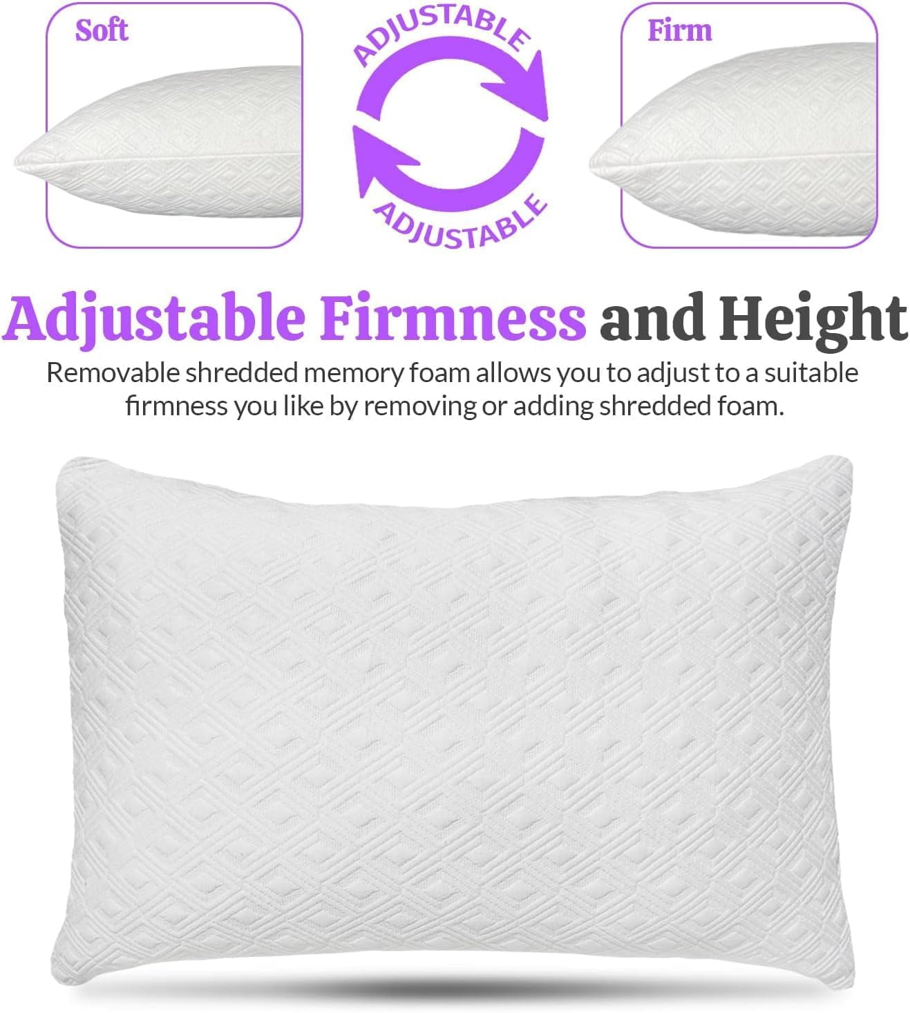 Hotel Collection King Size Bamboo Pillow, Memory Foam Bed Pillows with Washable Pillowcases, King - Orthopedic Shredded Foam Bed Pillow Set Detail