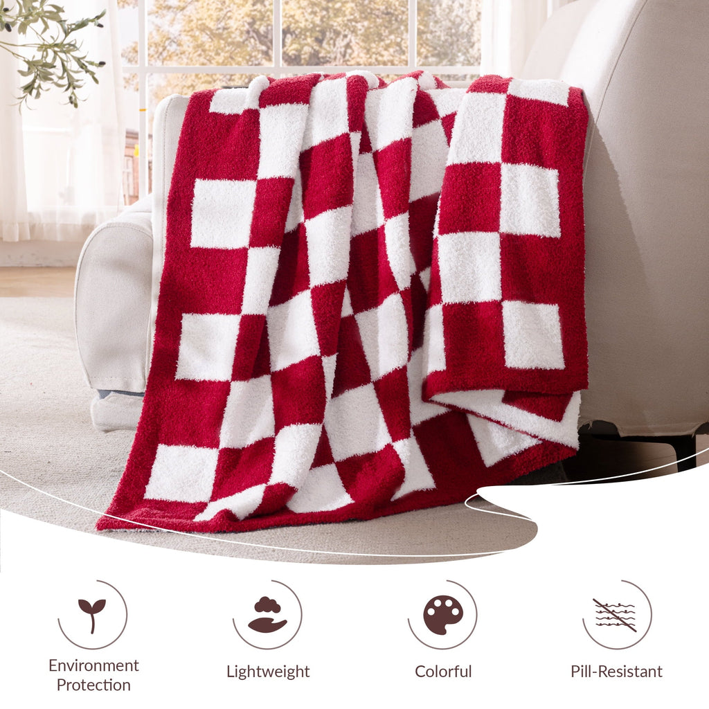 Lightweight Warm Checkered Knit Throw Blanket, Ultra Soft Cozy Fluffy Checkerboard Blankets, Lightweight Fuzzy Plush Throw for Couch a... - Luxury Knitted Decorative Throw Blanket with Fringes Detail