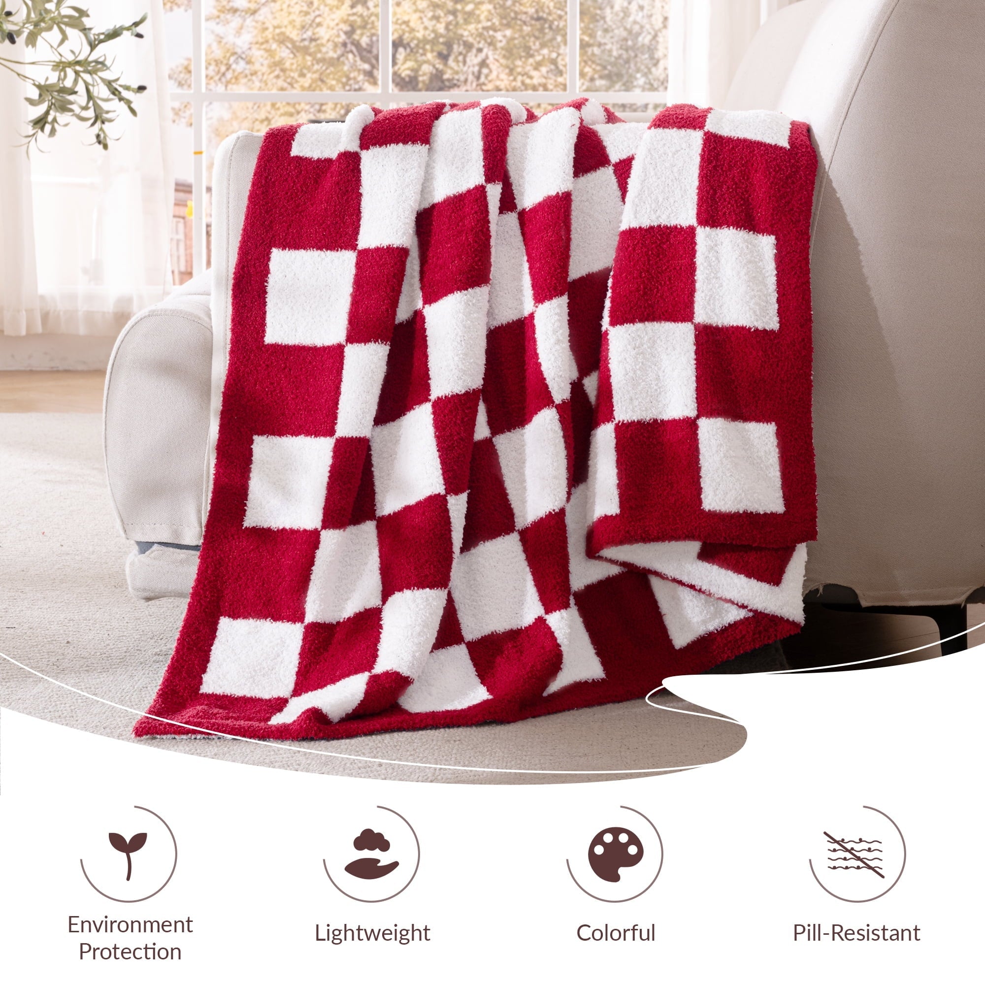 Lightweight Warm Checkered Knit Throw Blanket, Ultra Soft Cozy Fluffy Checkerboard Blankets, Lightweight Fuzzy Plush Throw for Couch a... - Luxury Knitted Decorative Throw Blanket with Fringes Detail