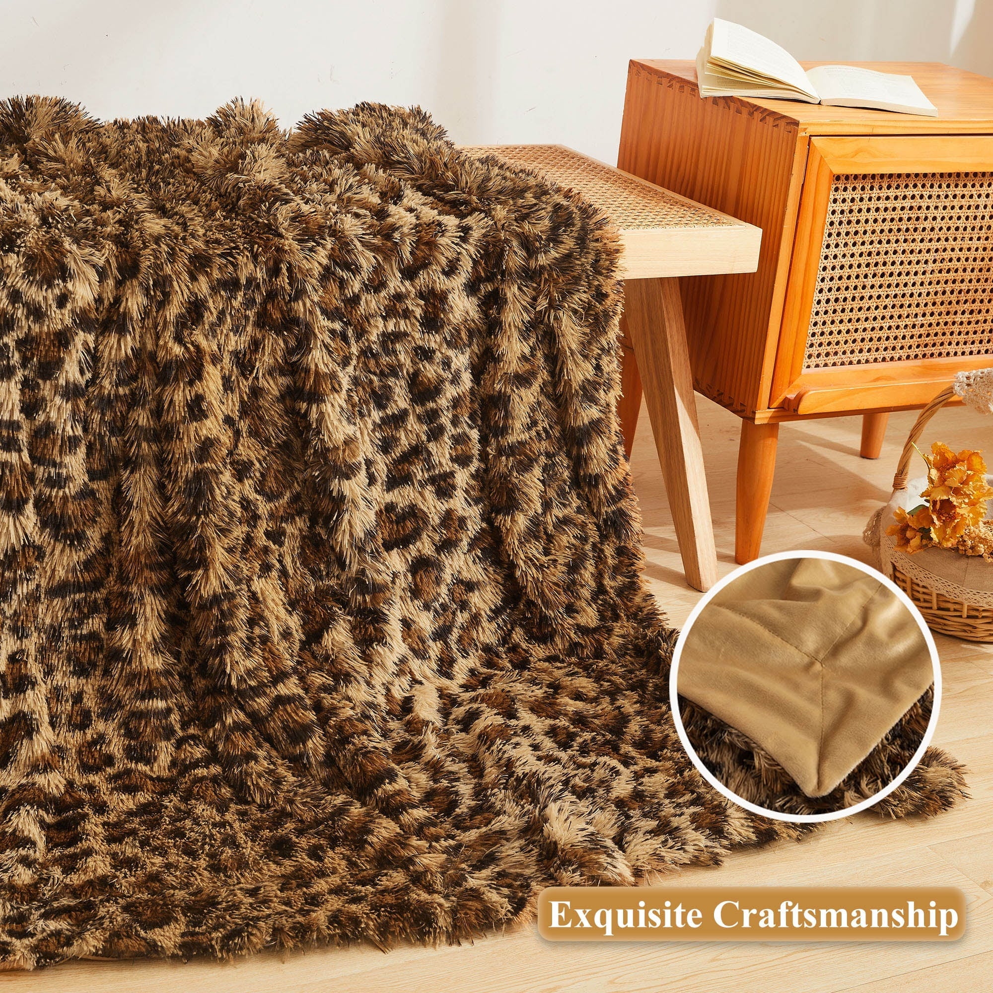 Super Soft Flannel Luxury Faux Fur Leopard Print Throw, Soft 50x60 Cheetah Print Fluffy Blanket, Shaggy Plush Decorative Couch Throw, Cu... - Super Soft Reversible Sherpa Flannel Blanket Detail