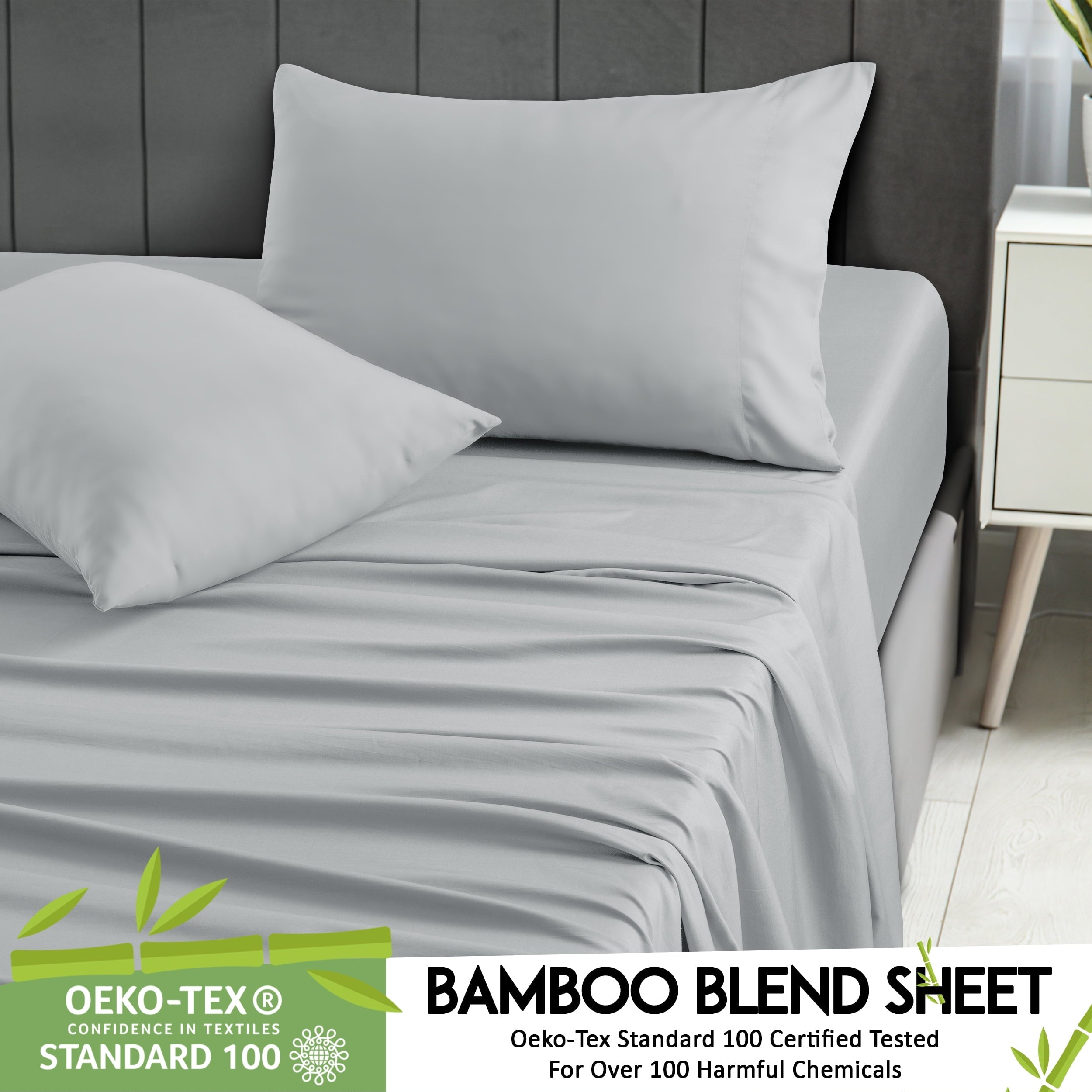Wrinkle-Resistant Rayon - 4 Piece Cooling Bed Sheets Set, Gray - Luxury Bed Sheet Set with Deep Pockets Detail