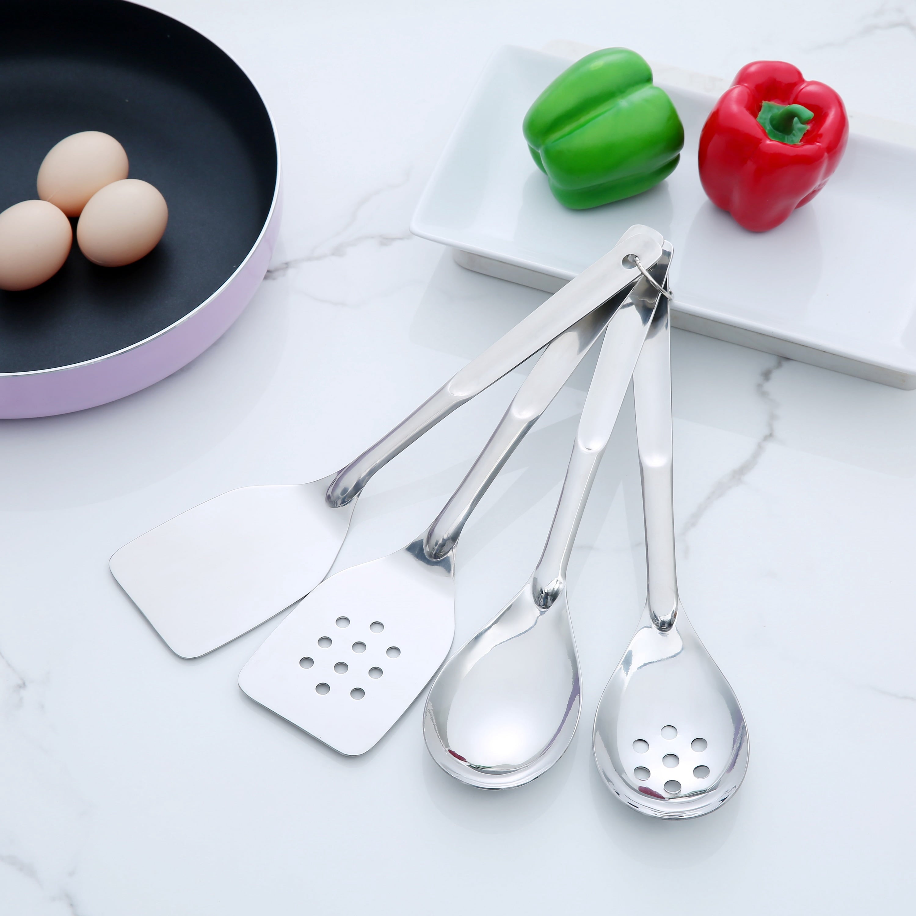 Premium Silicone Stainless Steel 4-Piece Utensil Set: Includes Spatula, Slotted Spatula, Spoon, and Slotted Spoon - Durable Turner & Ladle Utensil Set for Home Chefs Detail