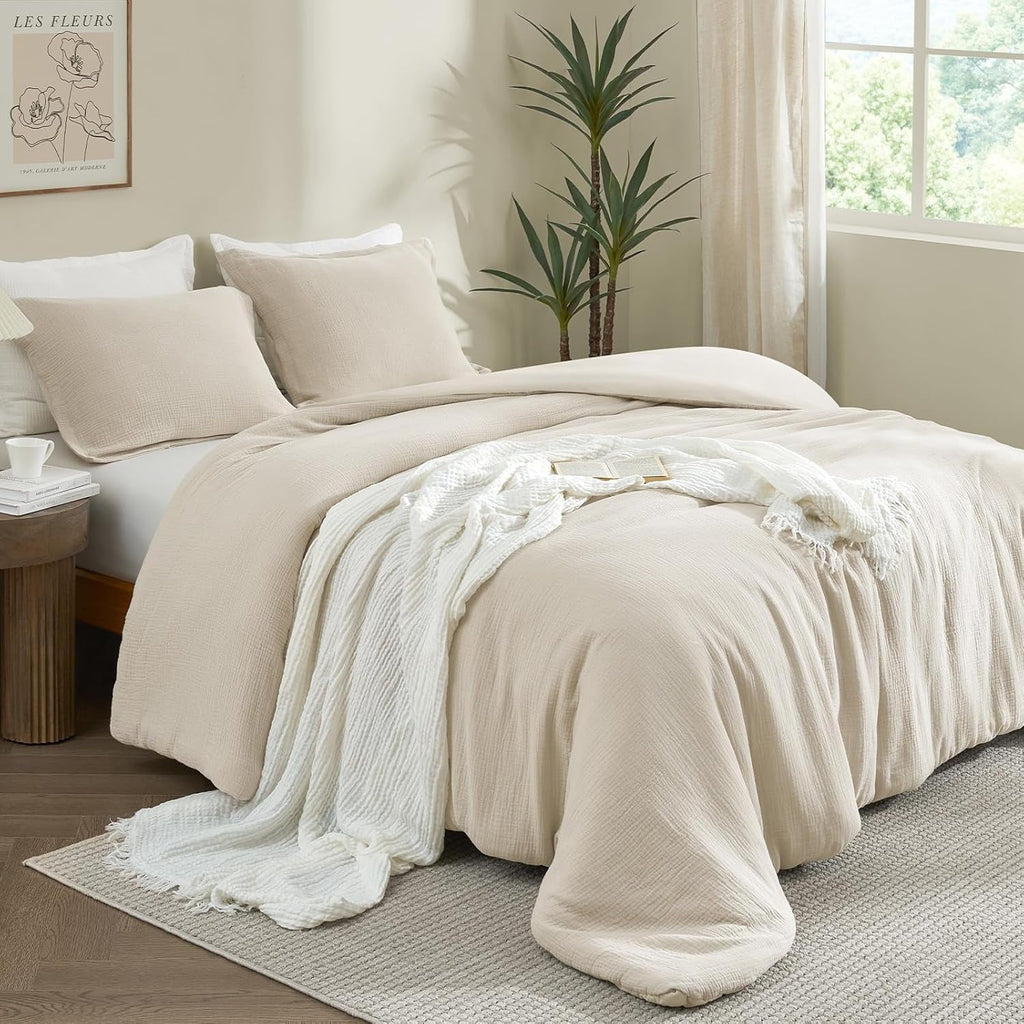 Heavyweight Warmth Cotton Muslin Comforter Set Queen Size, Ultra Soft Breathable & Lightweight Bedding Set for All Seasons, 1 Comfy Comf... - All-Season Down Alternative Comforter Insert Detail