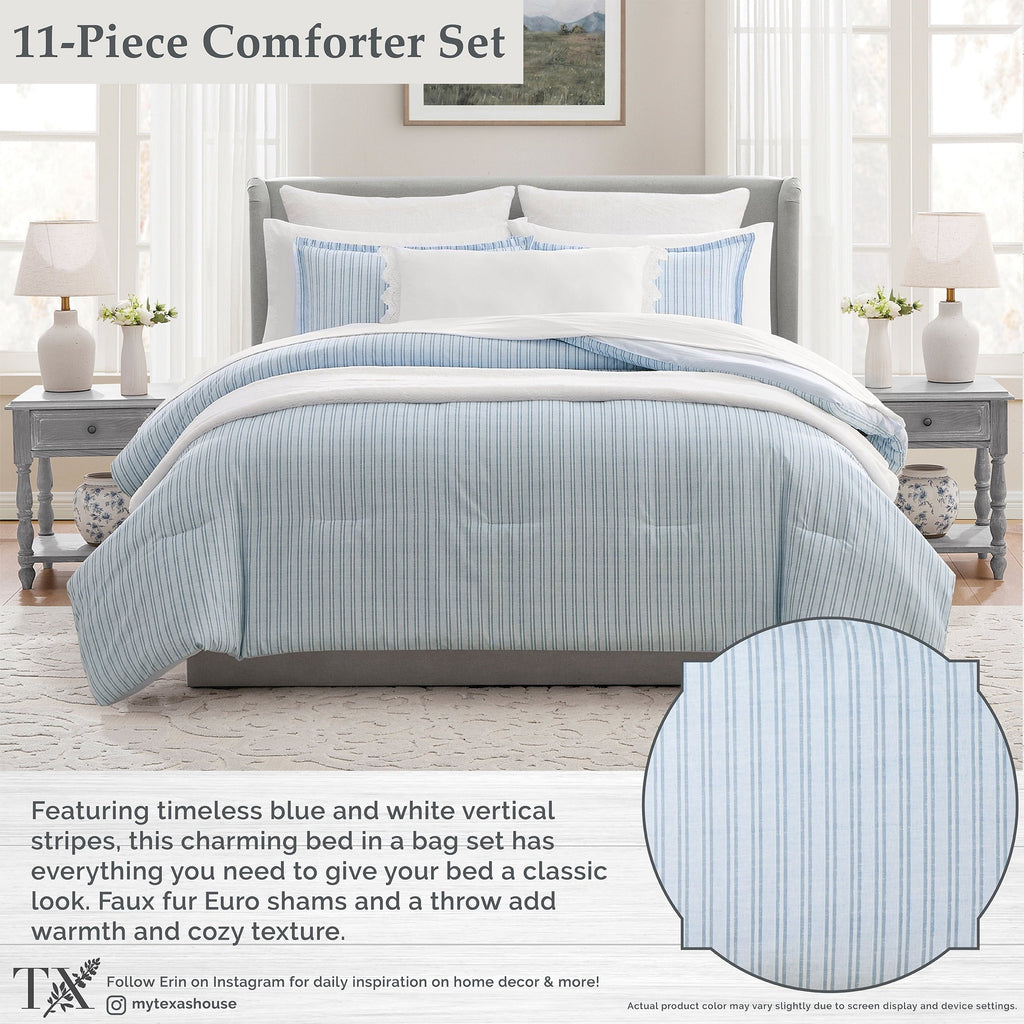 Hypoallergenic Cloud Stripe 11-Piece Comforter Set with Sheets, Blue, Queen - Hypoallergenic Ultra-Fluffy Quilt for Winter Detail