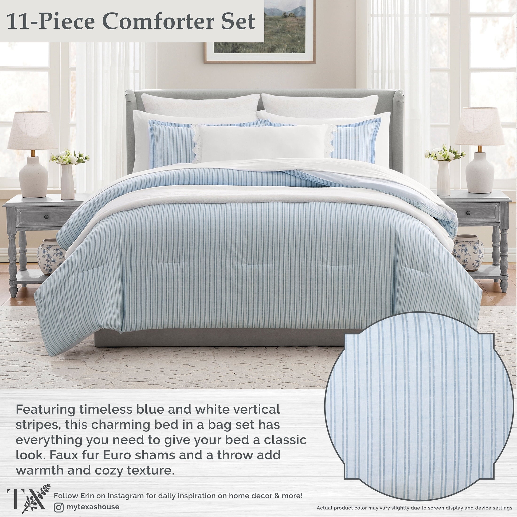 Hypoallergenic Cloud Stripe 11-Piece Comforter Set with Sheets, Blue, Queen - Hypoallergenic Ultra-Fluffy Quilt for Winter Detail