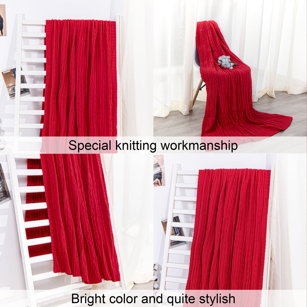 Reversible Sherpa 100% Cotton Cable Knit Throw, Super Soft Warm Knitted Blanket Home Decor, 51"x67", Red - Super Soft Reversible Sherpa Flannel Blanket Detail