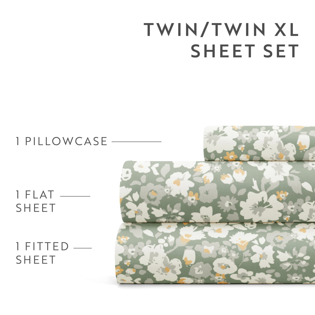 Ultra-Soft 4 Piece Pattern Microfiber Bed Sheets Set, Floral Dream Eucalyptus, Twin - Luxury Bed Sheet Set with Deep Pockets Detail