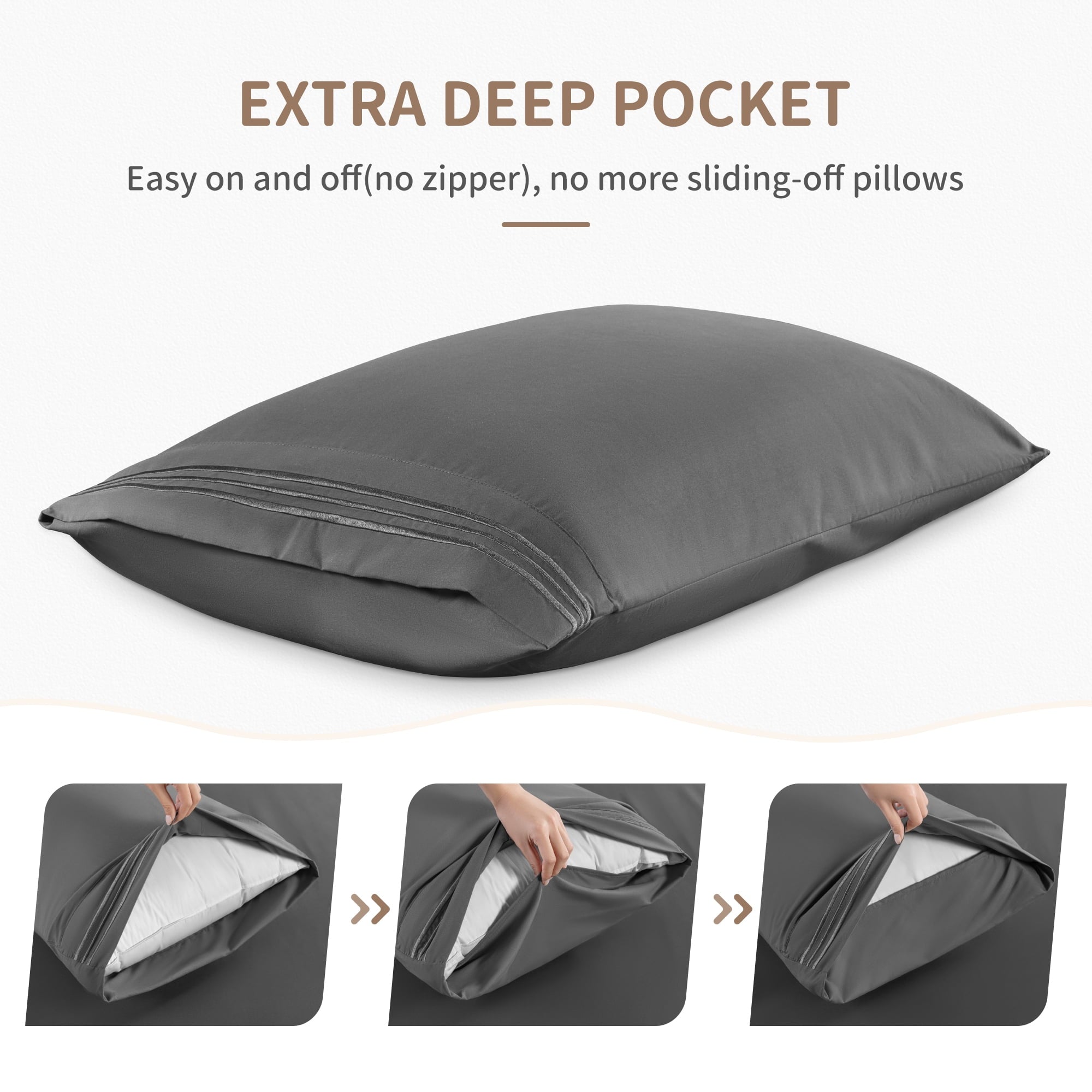Ultra-Soft 6 Pieces Bed Sheet Set, 1800 Series Soft Microfiber Queen Sheets with 16" Deep Pocket, Dark Gray - Cooling Hotel Quality Bedding Sheets and Pillowcases Detail