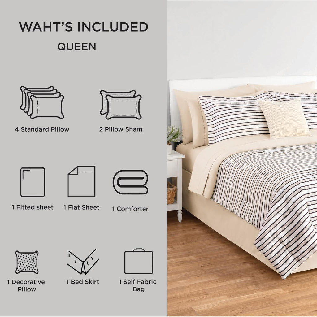 Luxurious Quilted Soft Touch Bed in a Bag 11-Piece Reversible Tan & Black Striped Comforter Set with Sheets, Queen - Hypoallergenic Ultra-Fluffy Quilt for Winter Detail