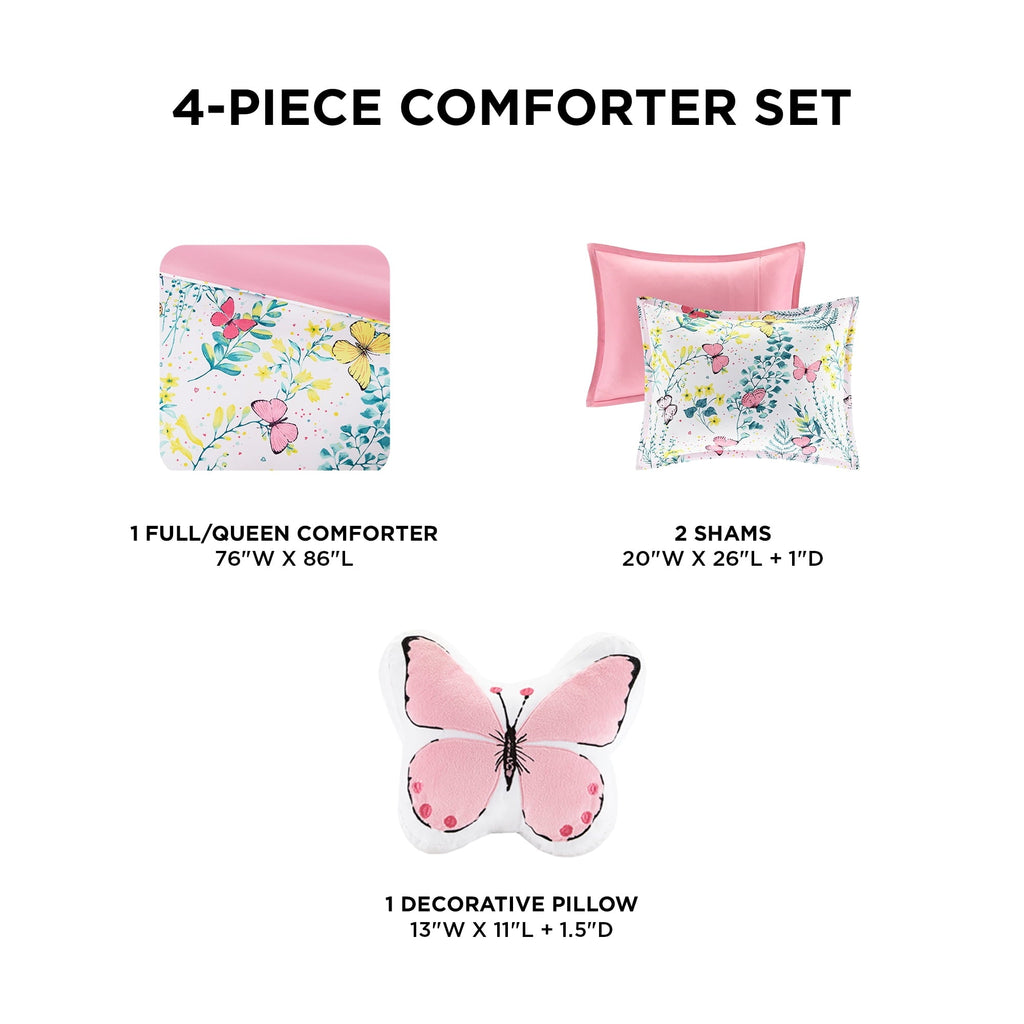 Hypoallergenic Cloud Full/Queen Size Comforter Sets, 4-Piece Kids Bedding Set for Girls, Butterfly Floral Comforter Bed Set, White/Pink - Luxurious Quilted Duvet Cover Set Detail