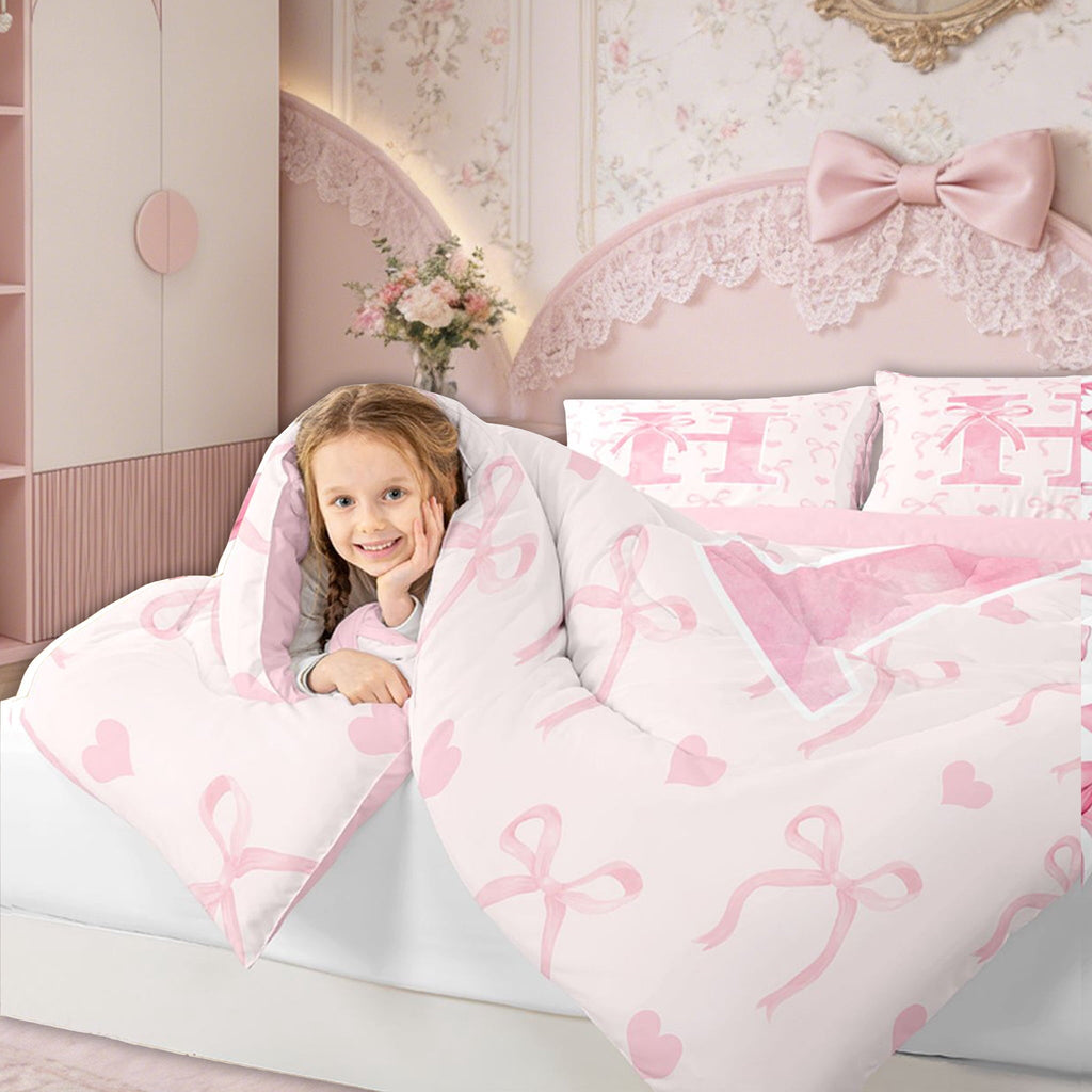 Fluffy Down Alternative Kawaii Bowknot Bedding Sets Full with Comforter, Initial H Duvet Insert, Romantic Initial A-Z Decor, Reversible - Luxurious Quilted Duvet Cover Set Detail