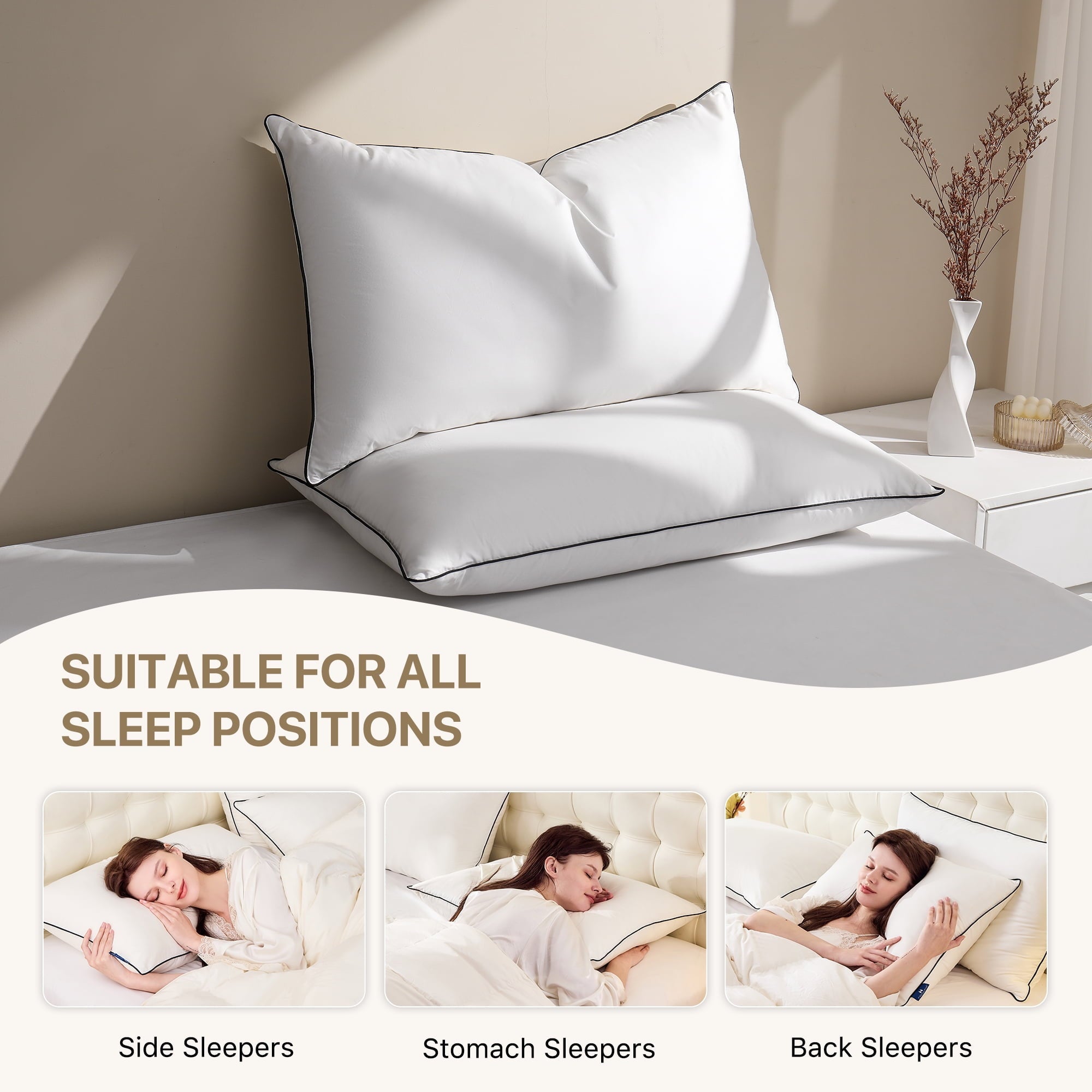 Ergonomic Memory Foam Feather Down Pillows Set of 2, Medium Firm Hotel Bed Pillow 2 Pack, Queen Size, 20 x 30 in. - Hotel Quality Plush Sleeping Pillows Detail