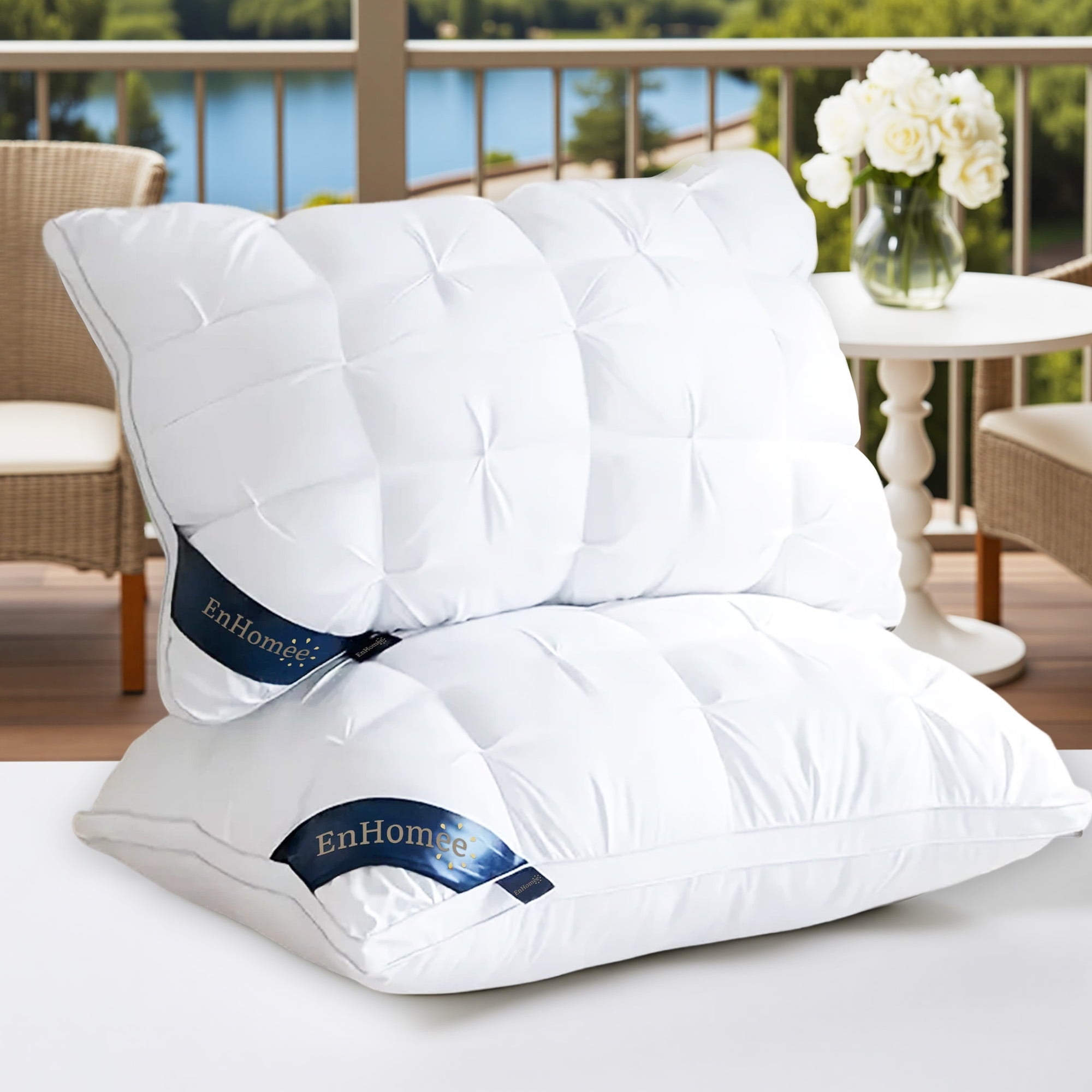 Decorative Plump 2-Pack Luxurious Hotel-Quality ,Resistant to Flattening, All-Season,White - Ergonomic Memory Foam Pillow for Neck Pain Support Detail