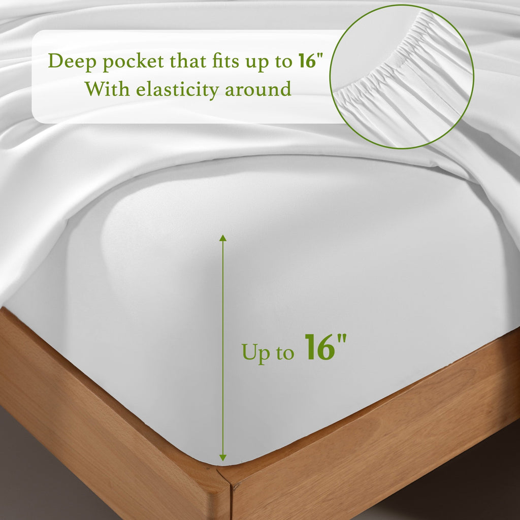 Cooling Sateen Bamboo Sheets Set, 4-Piece Queen Sheet Set with 16" Deep Pockets, Soft and Breathable Bed Sheets, White - Luxury Bed Sheet Set with Deep Pockets Detail