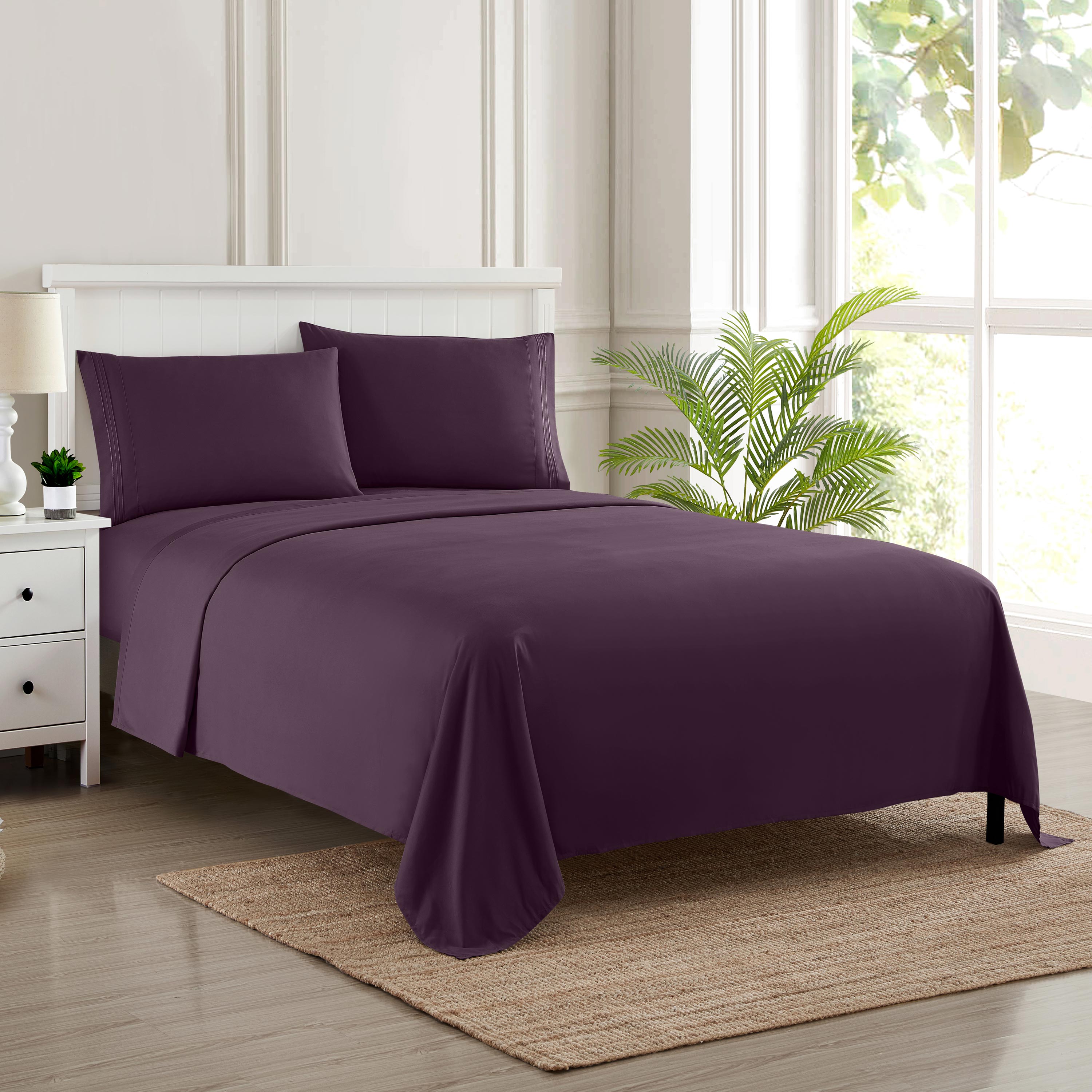 Wrinkle-Resistant 1800 Series Bed Sheets - Extra Soft Microfiber Deep Pocket Sheet Set - Purple, Full - Breathable Egyptian Cotton Flat & Fitted Sheets Detail