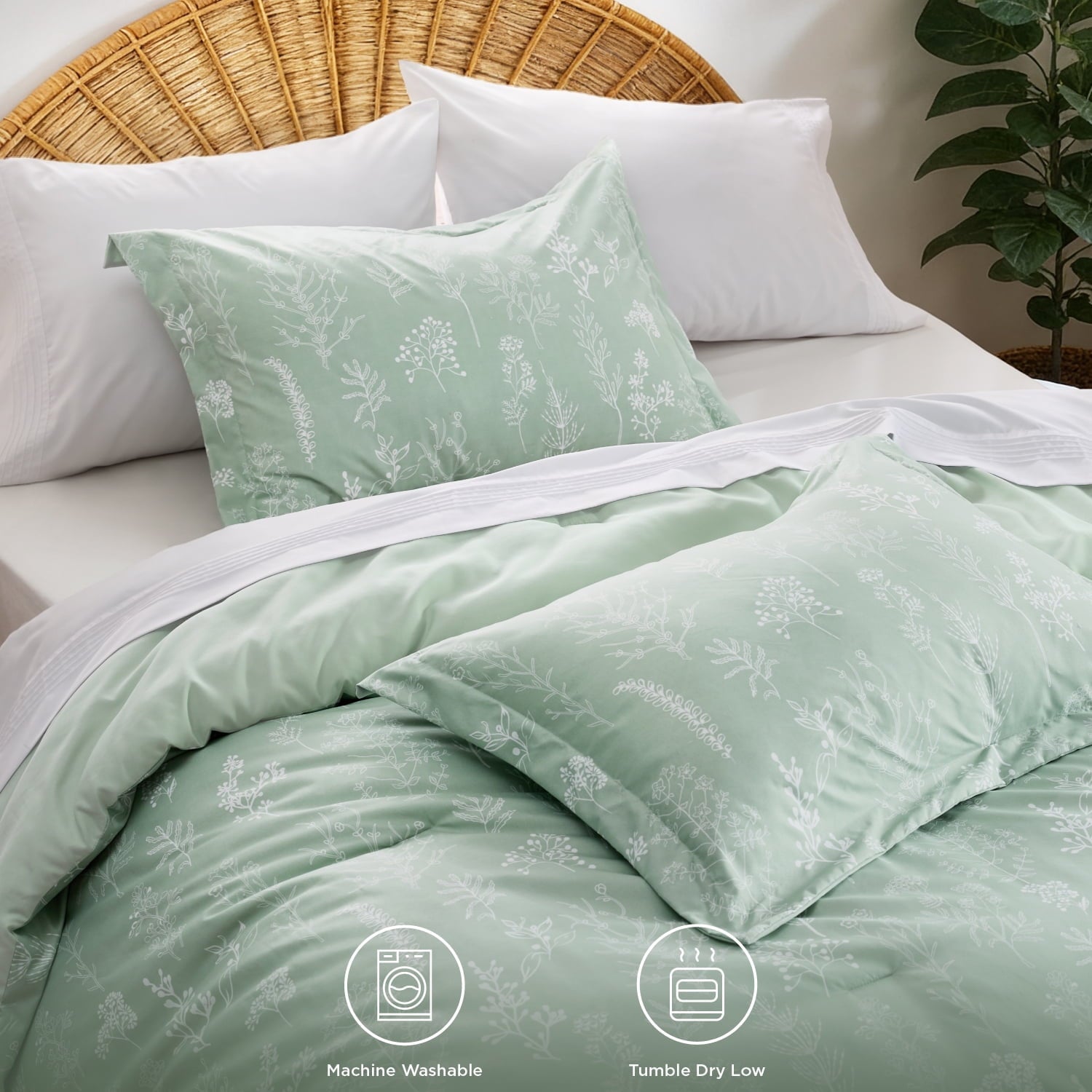 Heavyweight Warmth 3 Pieces Sage Green Floral Comforter Sets, 1 Botanical Flowers Reversible Comforter and 2 Pillow Shams, Queen Size Be... - Luxurious Quilted Duvet Cover Set Detail