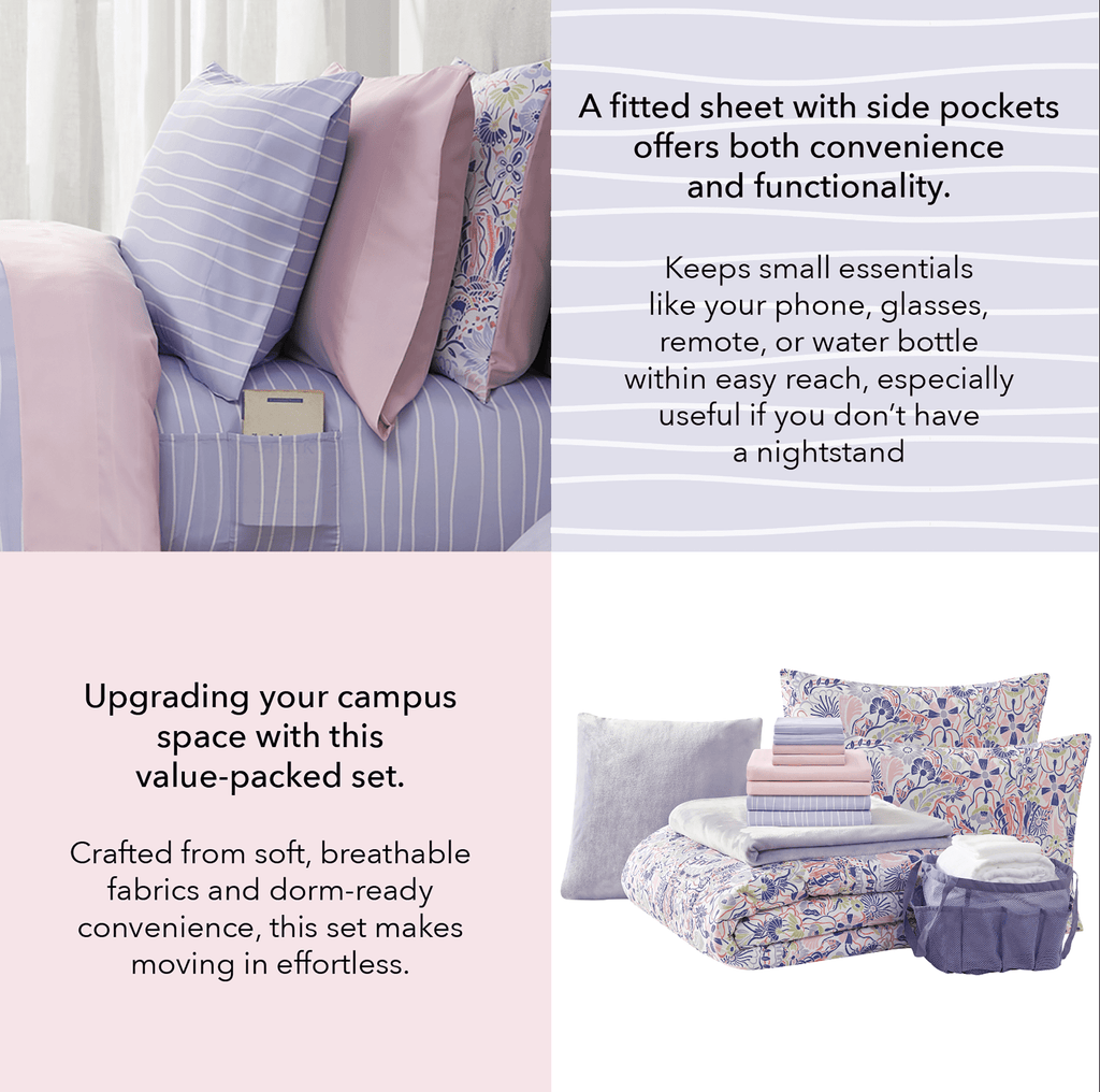Fluffy Down Alternative 14pc College Dorm Essentials Bundle, Twin-XL, Reversible Bed in a Bag Comforter Set, Purple Floral - All-Season Down Alternative Comforter Insert Detail