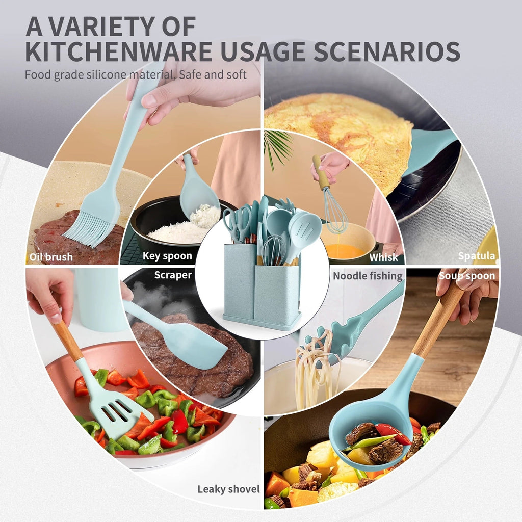 Ergonomic Cooking Silicone Kitchen Cooking Utensils Set, 19 Pieces Utensil with Holder, Heat Resistant, Green - Premium Stainless Steel Cooking Utensil for Non-Stick Pots Detail