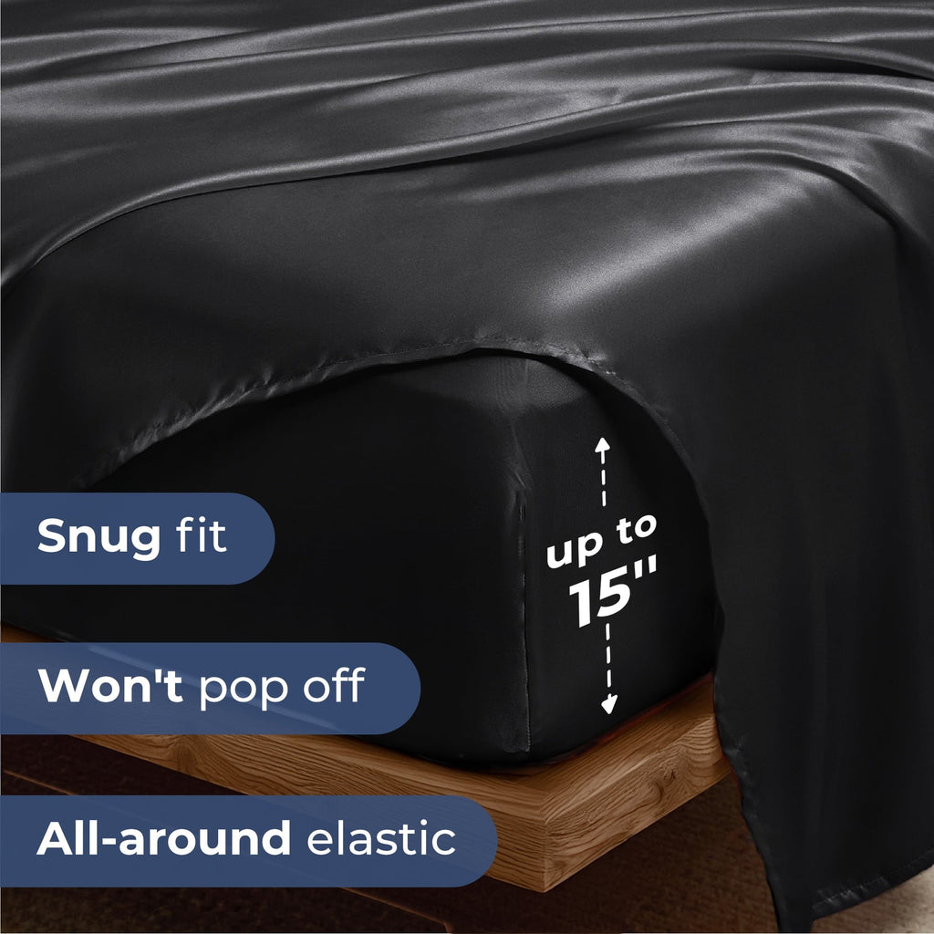 Breathable Luxury Set, Queen, Silky Bed s, 4 Pieces,Black - Breathable Egyptian Cotton Flat & Fitted Sheets Detail
