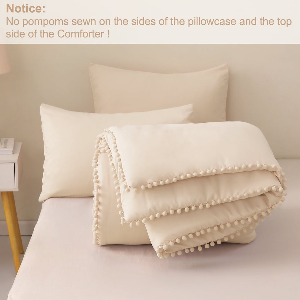 Hypoallergenic Cloud Boho Pom Pom Ball Fringe King Size Comforter Set, 3 Pieces Beige Lightweight Down Alternative Bedding Comforter Sets ... - All-Season Down Alternative Comforter Insert Detail