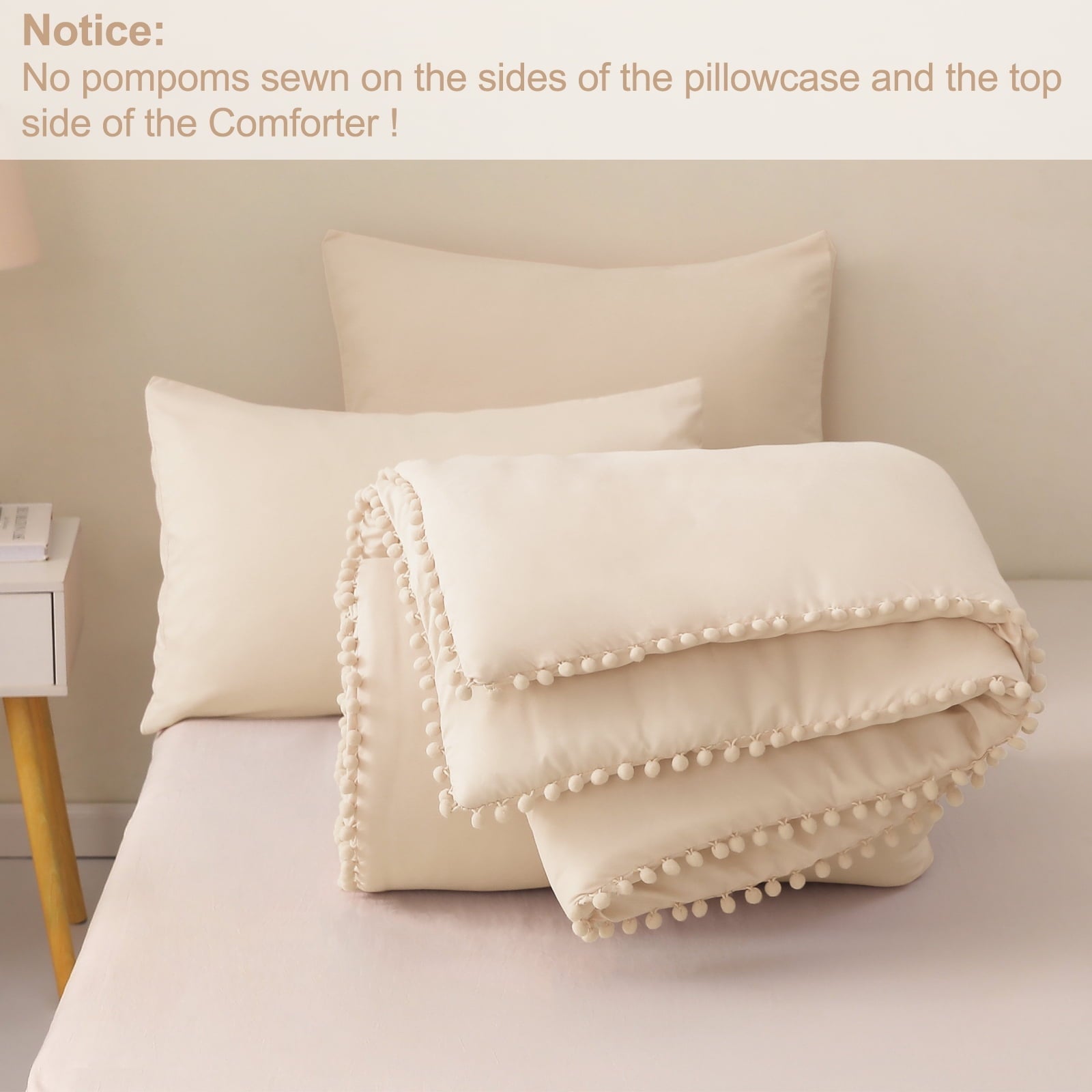 Hypoallergenic Cloud Boho Pom Pom Ball Fringe King Size Comforter Set, 3 Pieces Beige Lightweight Down Alternative Bedding Comforter Sets ... - All-Season Down Alternative Comforter Insert Detail