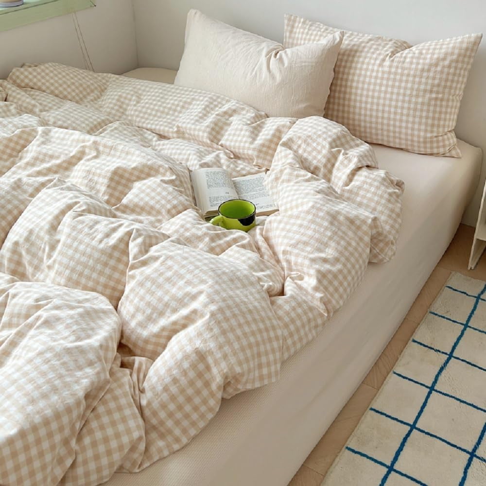 All-Season Soft Beige White Plaid Comforter Twin Sets, 2 Pieces Breathable Plaid Buffalo Checkered Comforter for All Season - All-Season Down Alternative Comforter Insert Detail