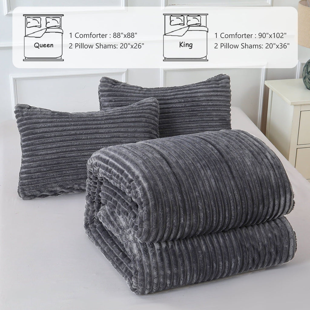 Fluffy Down Alternative 3 Piece Fleece Queen Comforter Set - Soft & Warm Fluffy Dark Gray Sherpa Bedding , Fuzzy Heavy Double Sided Design Wi... - Luxurious Quilted Duvet Cover Set Detail