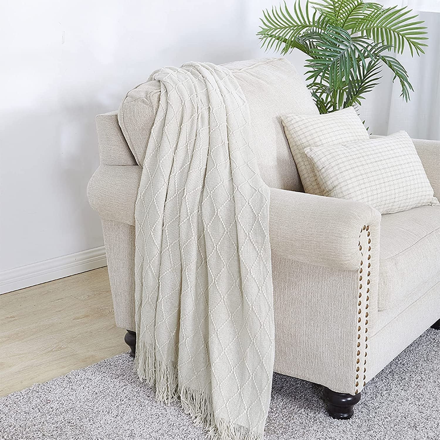 Decorative Knitted Rhombus Beige Throw Blanket, Soft and Lightweight, 50"x 60" - Luxury Knitted Decorative Throw Blanket with Fringes Detail