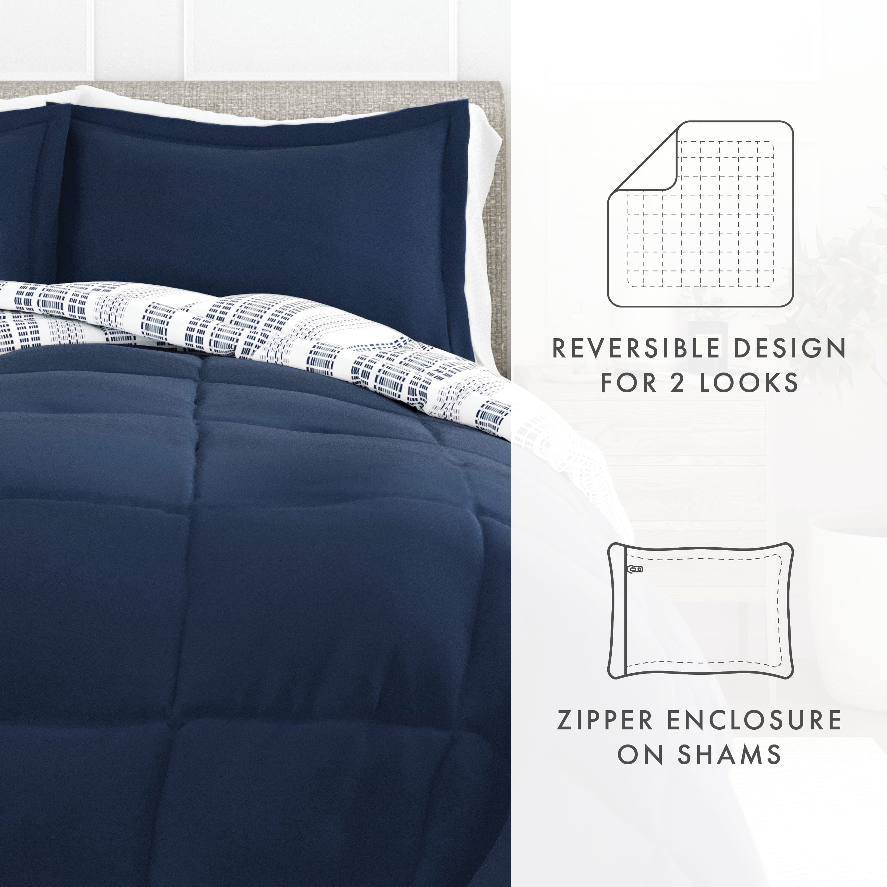 Luxurious Quilted 2-Piece Navy Farmhouse Dreams ReversiblePrint Comforter Set, Twin/TwinXL - All-Season Down Alternative Comforter Insert Detail