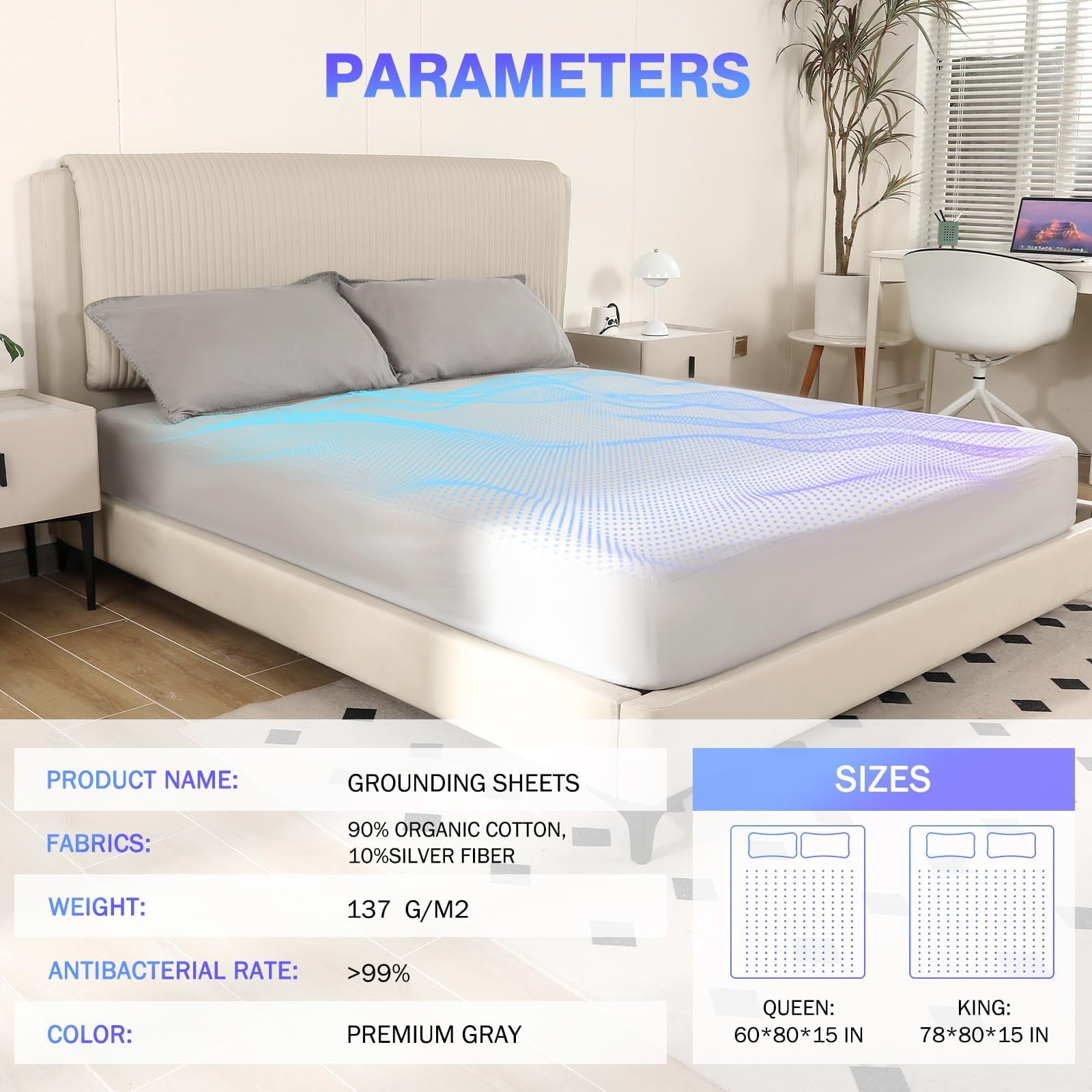 Cooling Sateen Grounding Sheets King Size,Earth Grounded Fitted Bed Sheet 10% Pure Silver Fiber + 90% Organic Cotton, Bed Grounding ... - Breathable Egyptian Cotton Flat & Fitted Sheets Detail