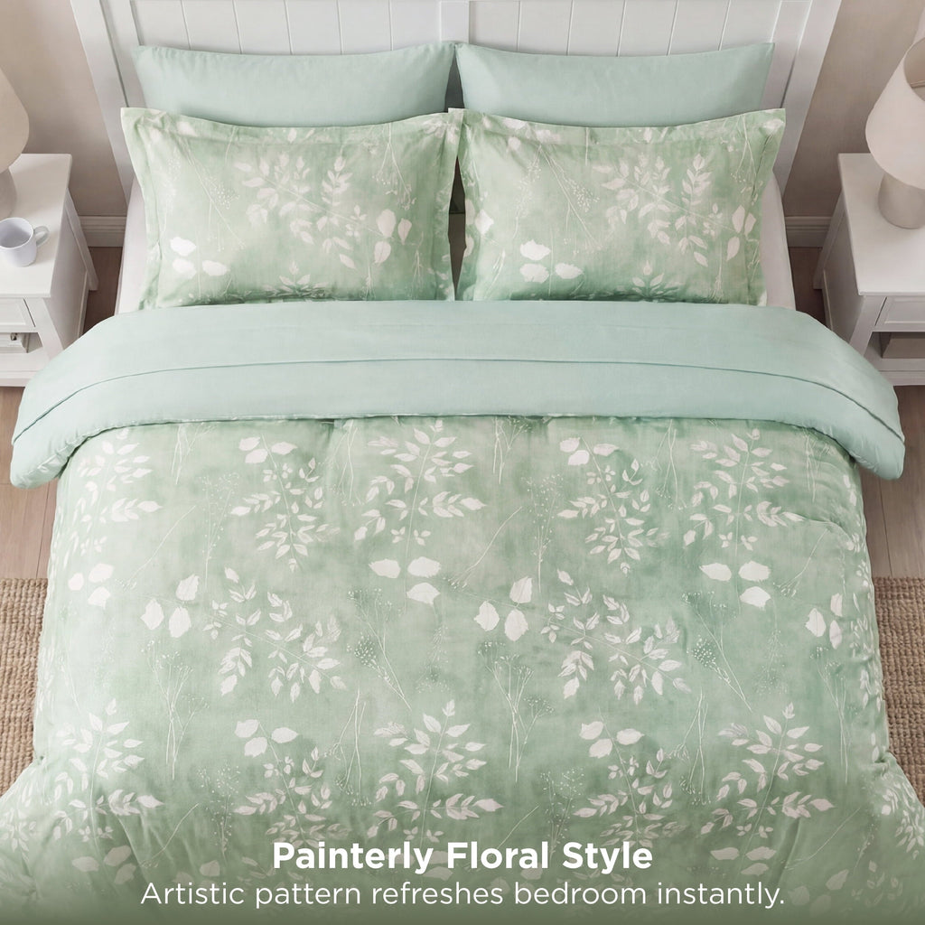 Fluffy Down Alternative Queen Comforter Set Sage Green, Bed in a Bag Queen Size Bedding, 7-Pieces Botanical Flowers Spring Comforter, Sheets,... - Cloud-Like Soft Lightweight Bed Comforter Detail