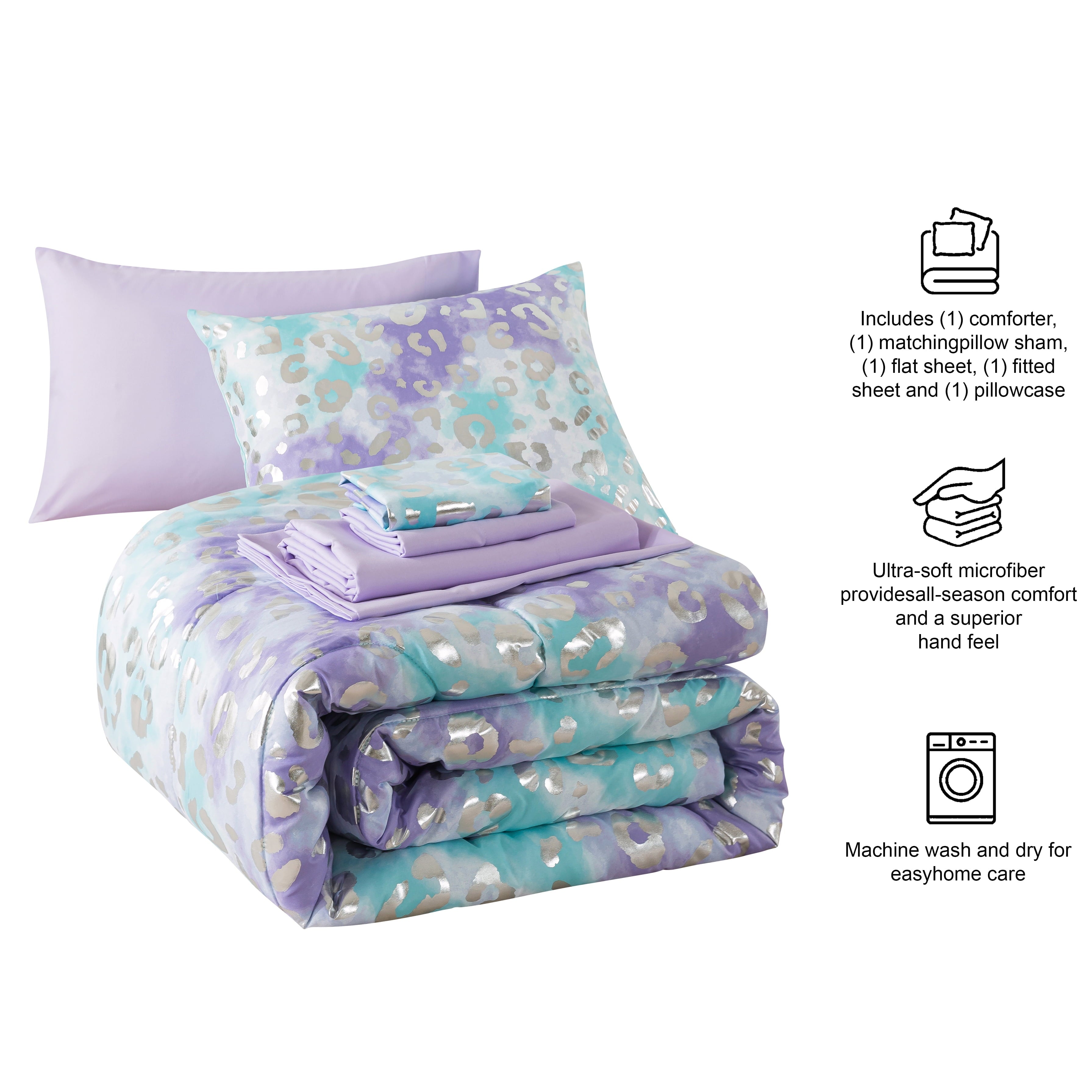 Hypoallergenic Cloud 5-Piece Purple Metallic Foil Cheetah Bedding Set for Kids with Storage Bag, Twin - Hypoallergenic Ultra-Fluffy Quilt for Winter Detail