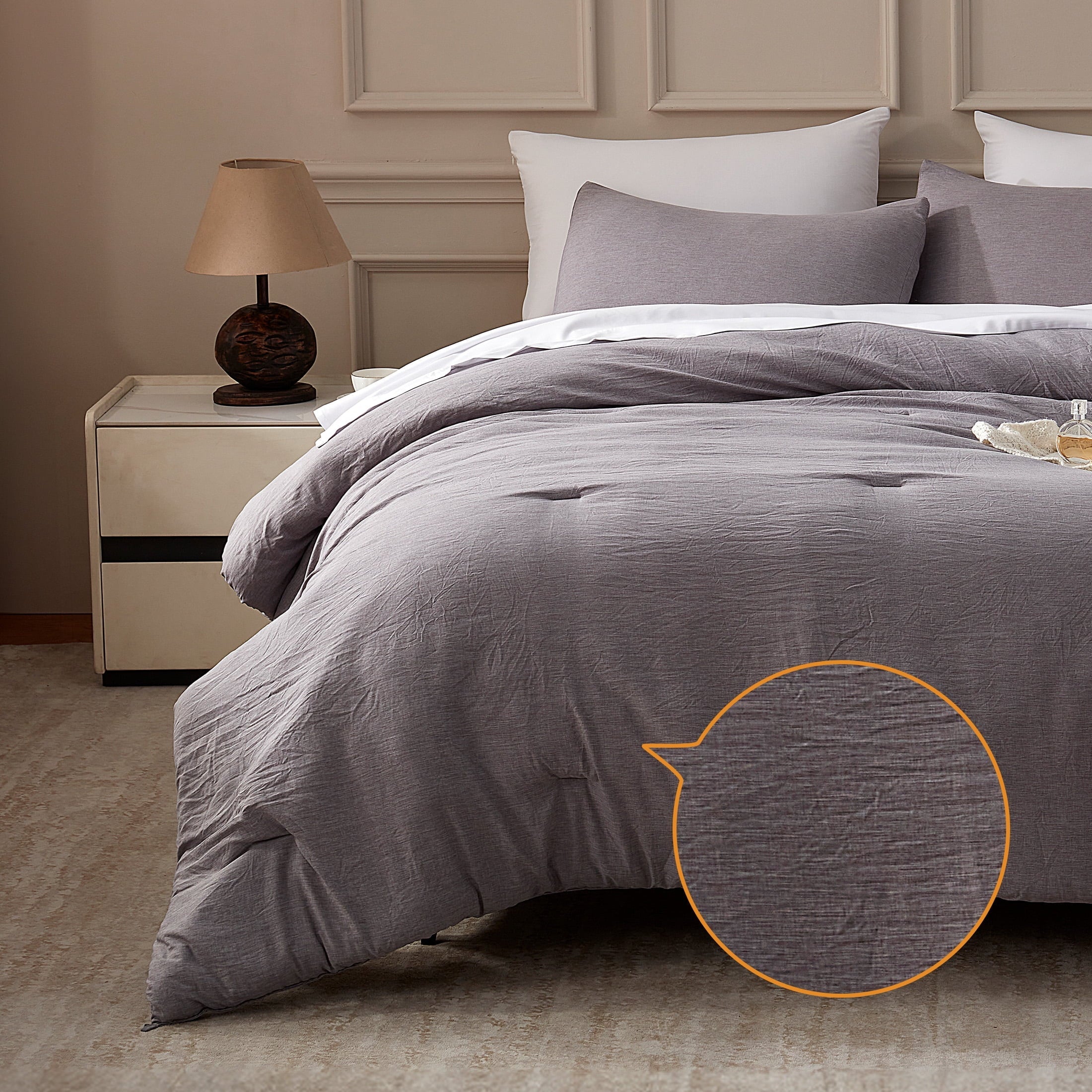 Luxurious Quilted Washed Comforter Set Full Size - 3 Pieces Soft Luxury Cationic Dyeing Bedding Sets, Linen-Like Texture Breathable Wri... - Cloud-Like Soft Lightweight Bed Comforter Detail